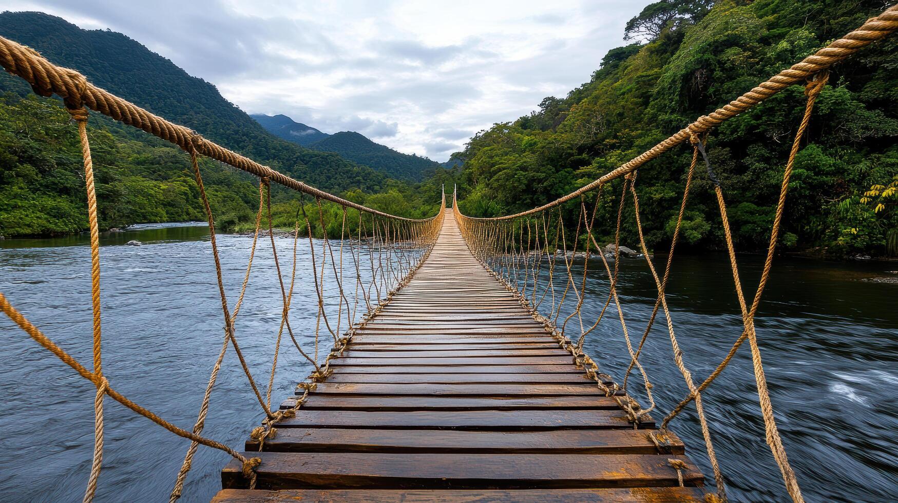 traditional rope bridge stretches across serene river, surrounded by lush greenery and mountains photo