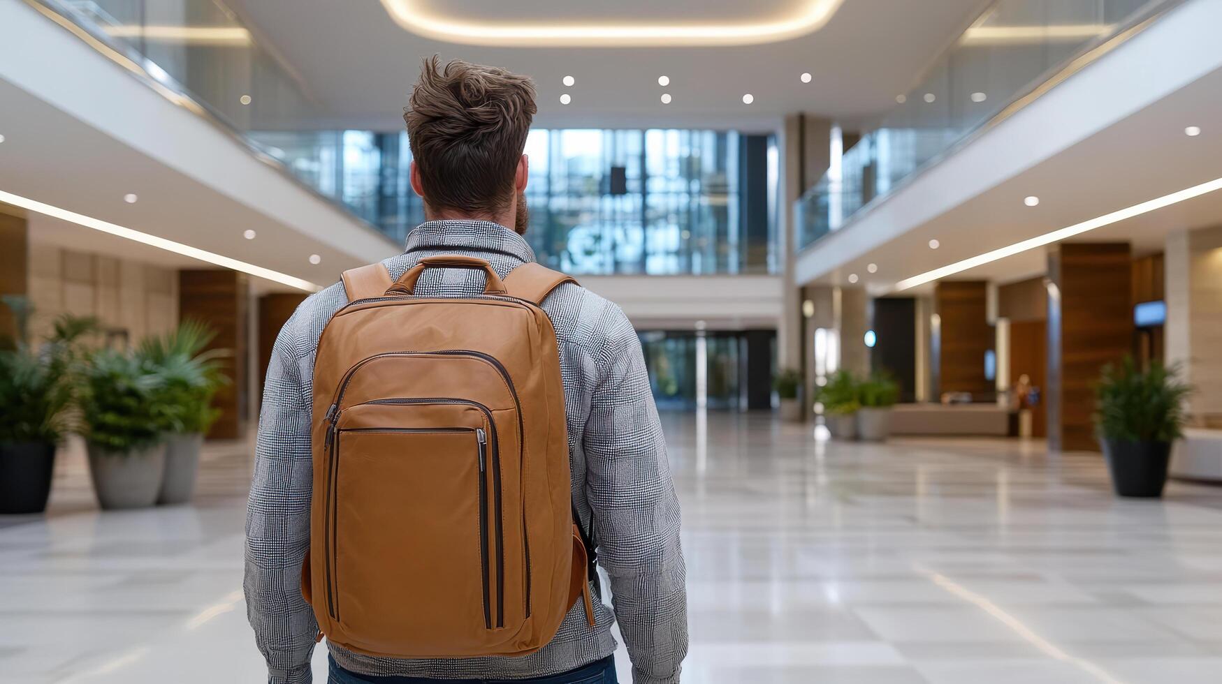 traveler stands in modern hotel lobby, looking around with curiosity and anticipation photo