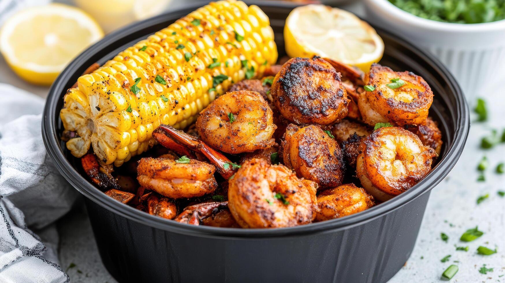 Delicious Cajun style seafood boil with shrimp, corn, and lemon, perfect for sharing photo