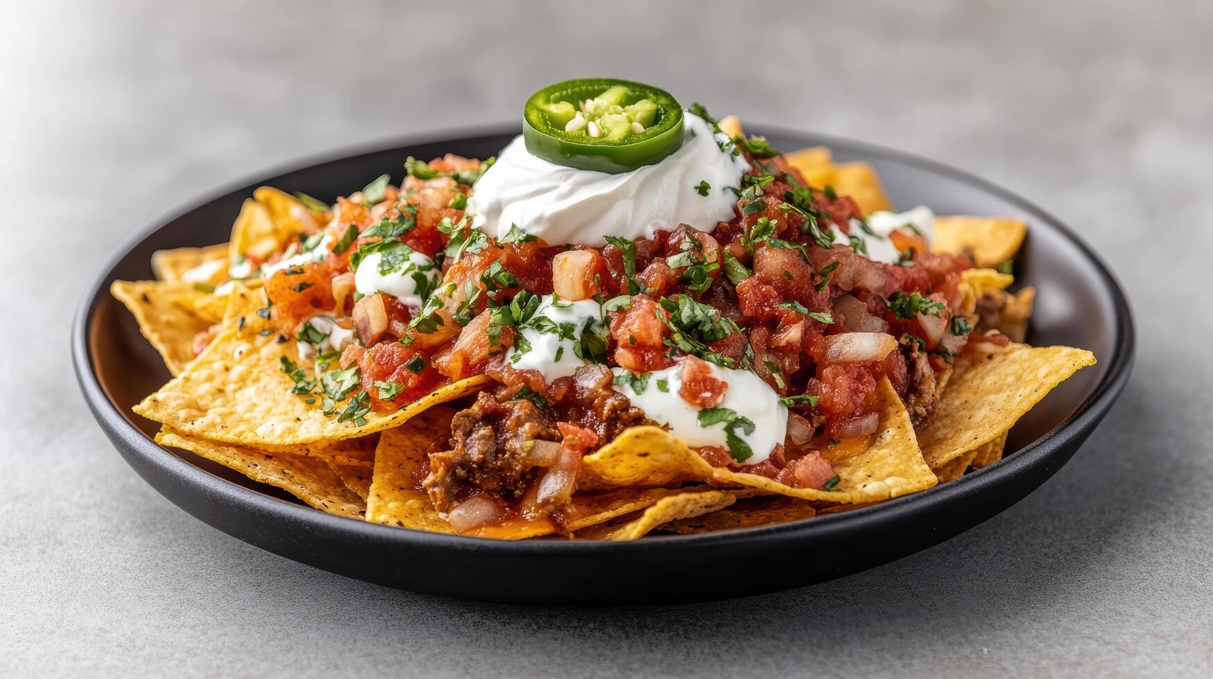 delicious plate of nachos topped with salsa, sour cream, and jalapenos, perfect for sharing photo