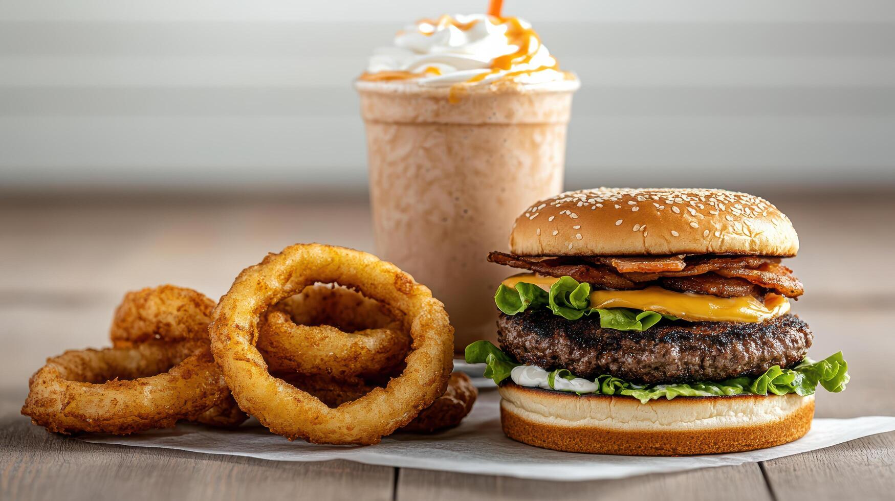 Delicious burger with onion rings and milkshake, perfect for satisfying meal photo