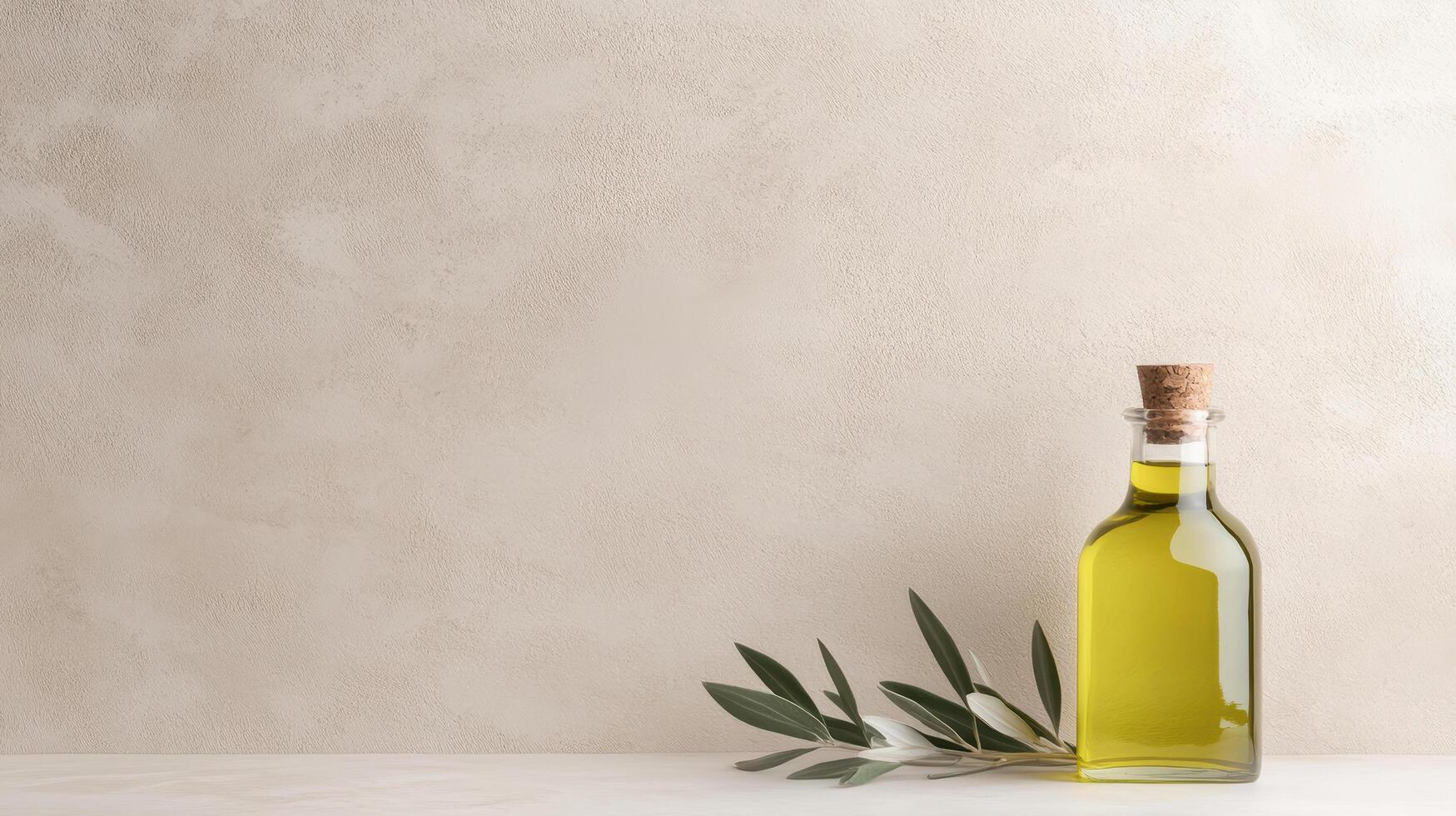 bottle of olive oil sits elegantly beside sprig of olive leaves, creating serene atmosphere photo
