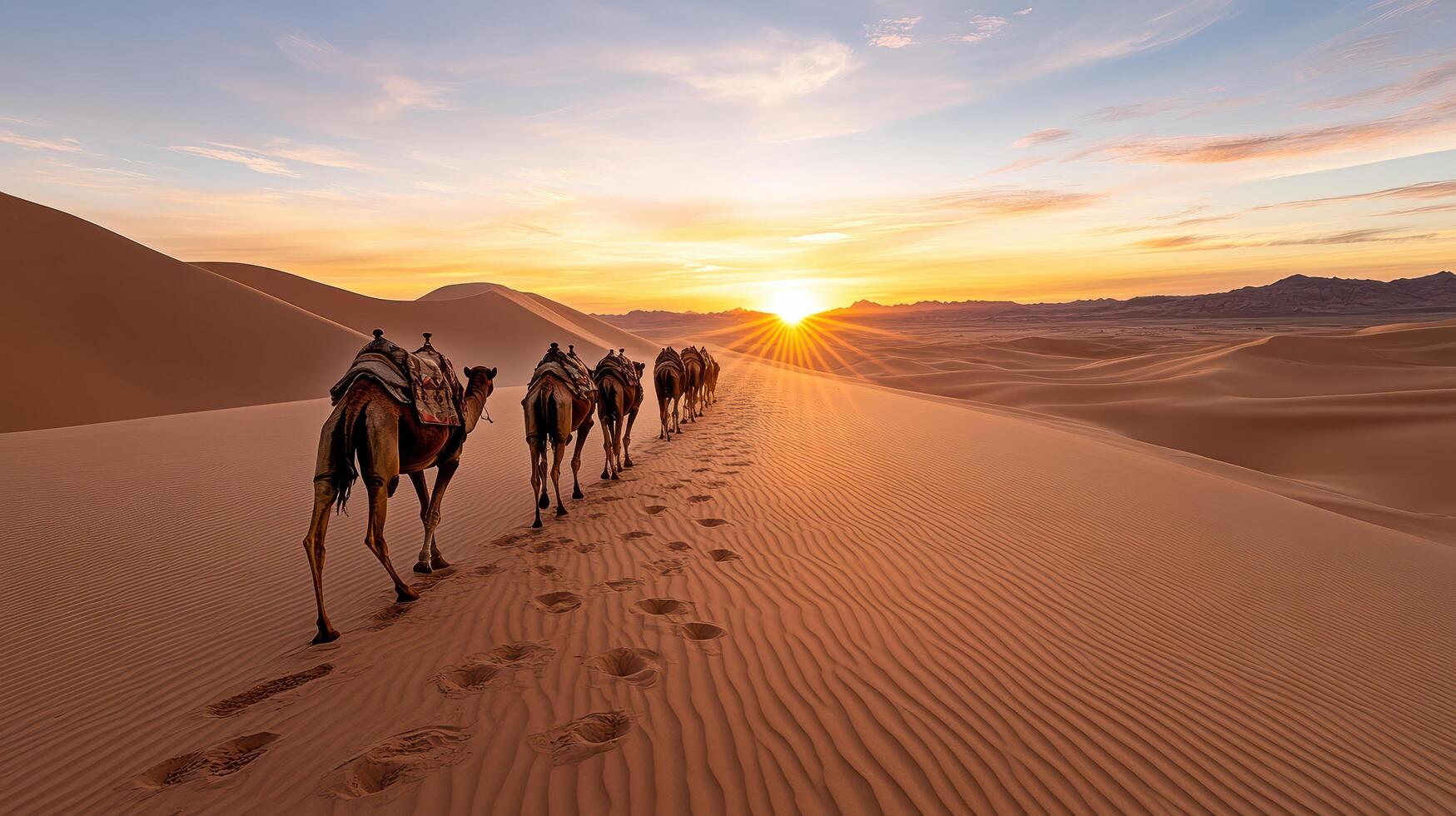 serene sunset view of camels walking through vast desert landscape, leaving footprints in sand photo
