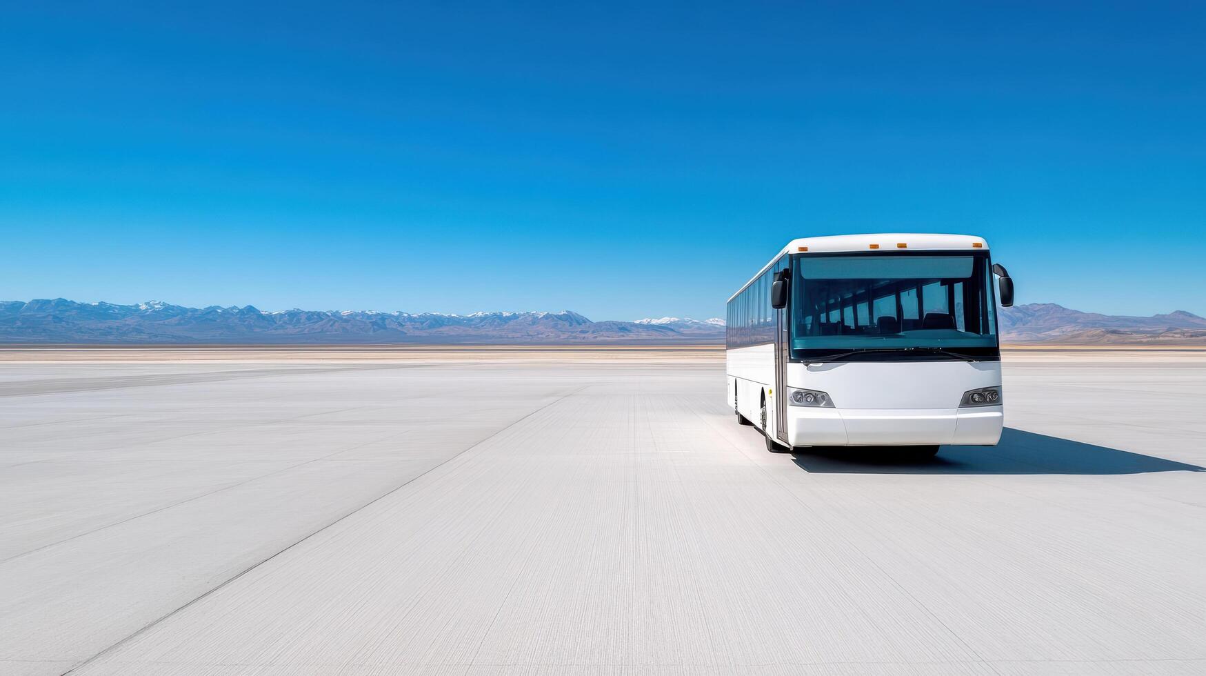 white shuttle bus parked on vast, empty under clear blue sky, surrounded by mountains photo