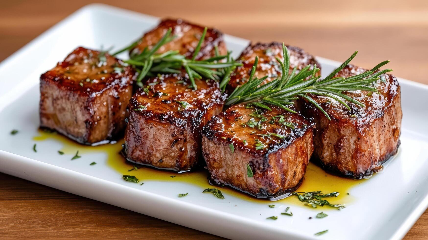 Succulent marinated lamb chops garnished with fresh herbs on white platter photo