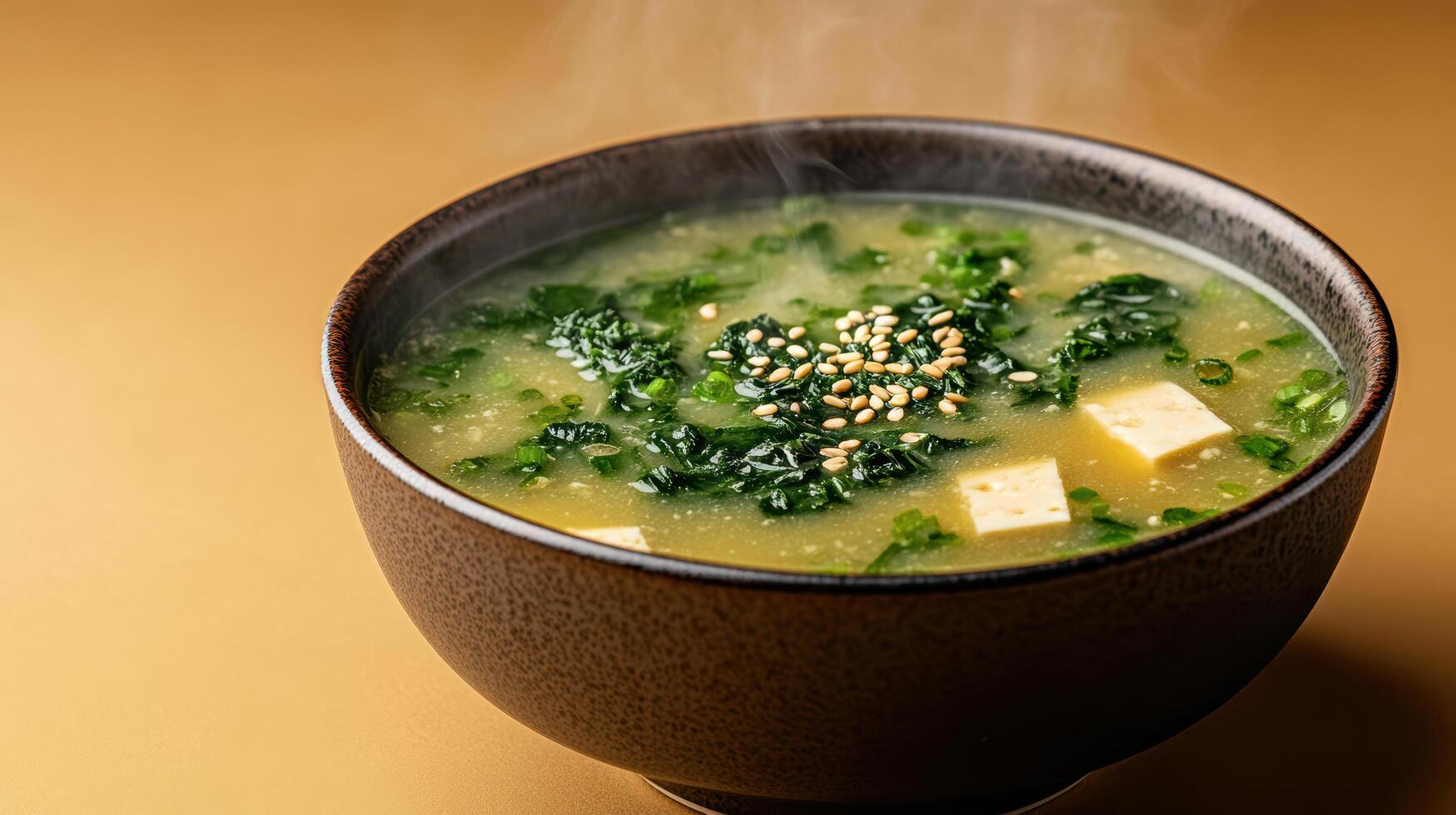 steaming bowl of miso soup with seaweed, tofu, and sesame seeds creates warm, comforting photo