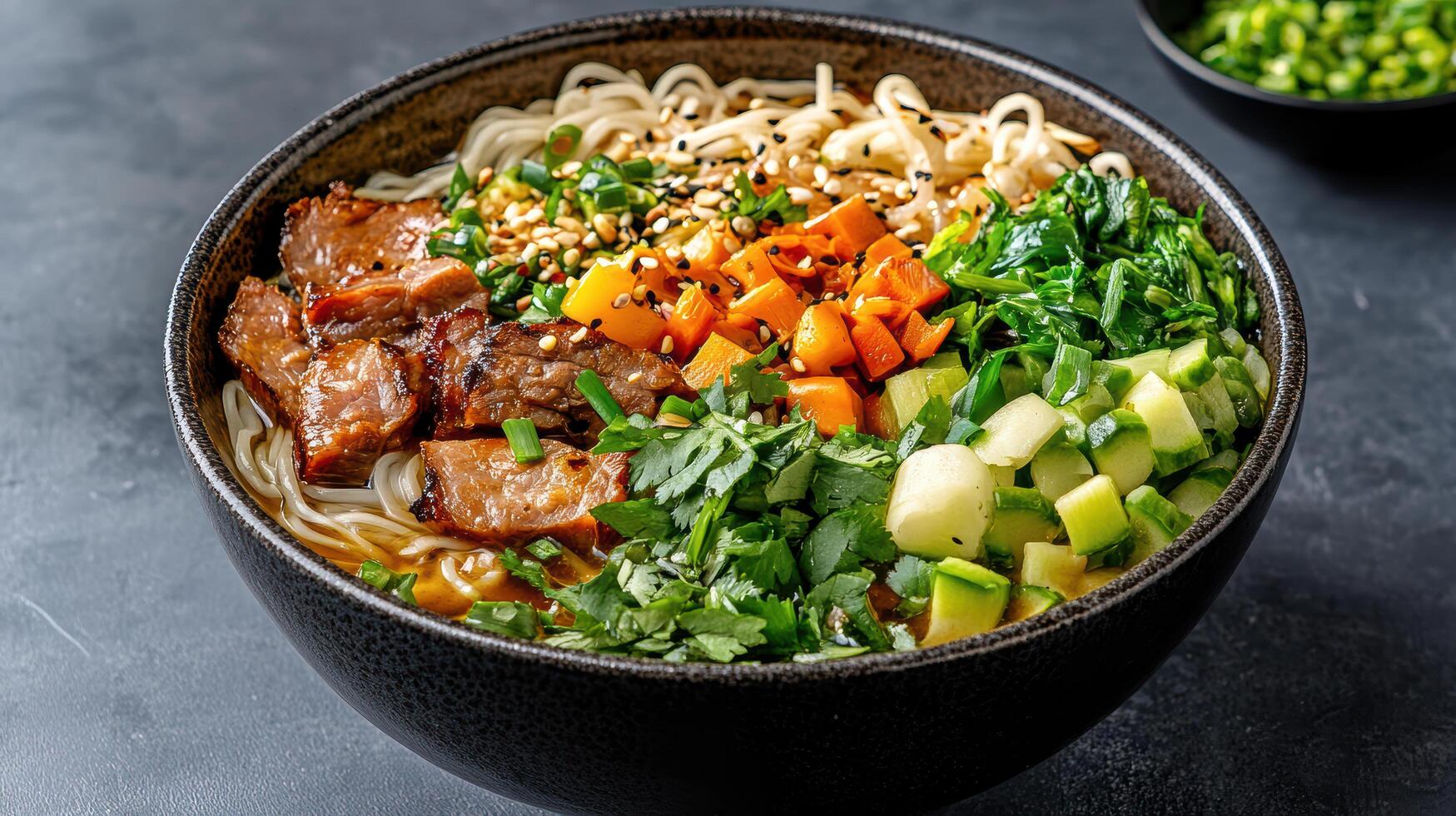 steaming hot bowl of noodle soup filled with fresh vegetables and tender meat, perfect for cozy photo
