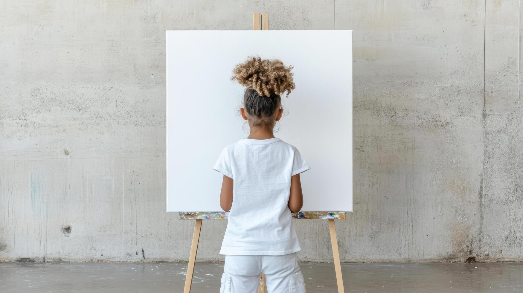 child stands in front of blank canvas, ready to unleash creativity and imagination photo