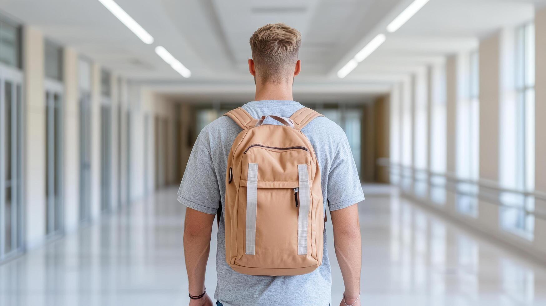 student confidently walking down school hallway with backpack, ready for day photo