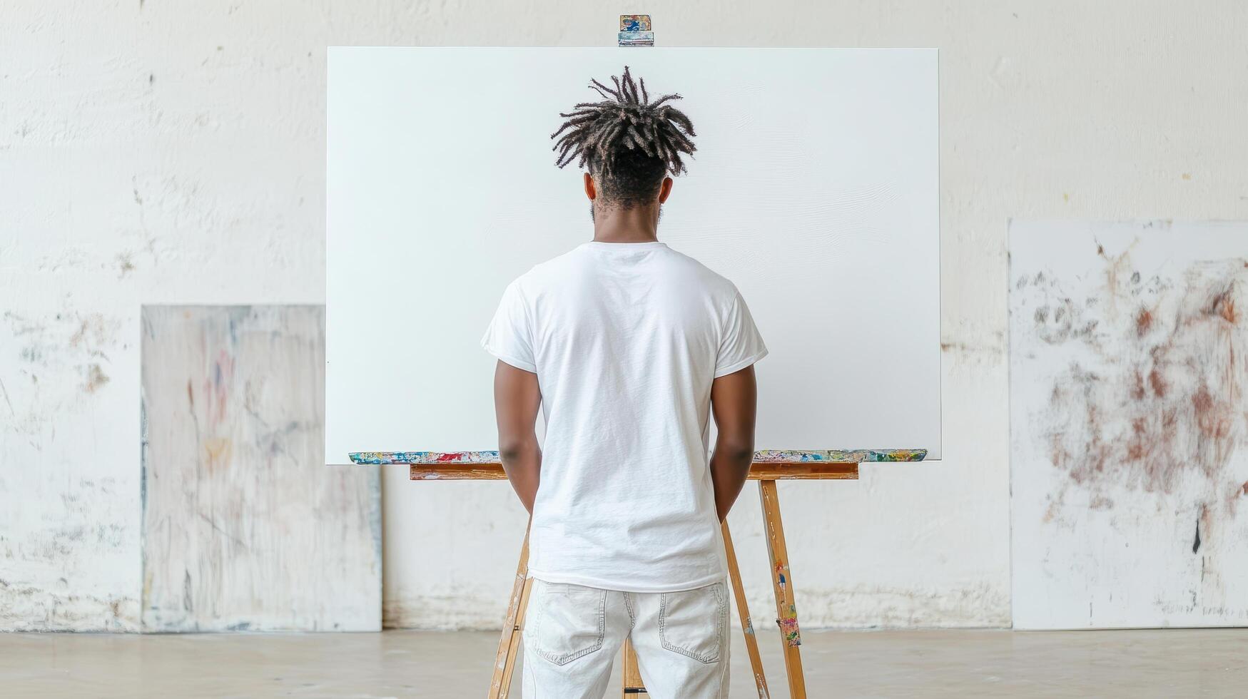 student stands before blank canvas, ready to unleash creativity and inspiration photo