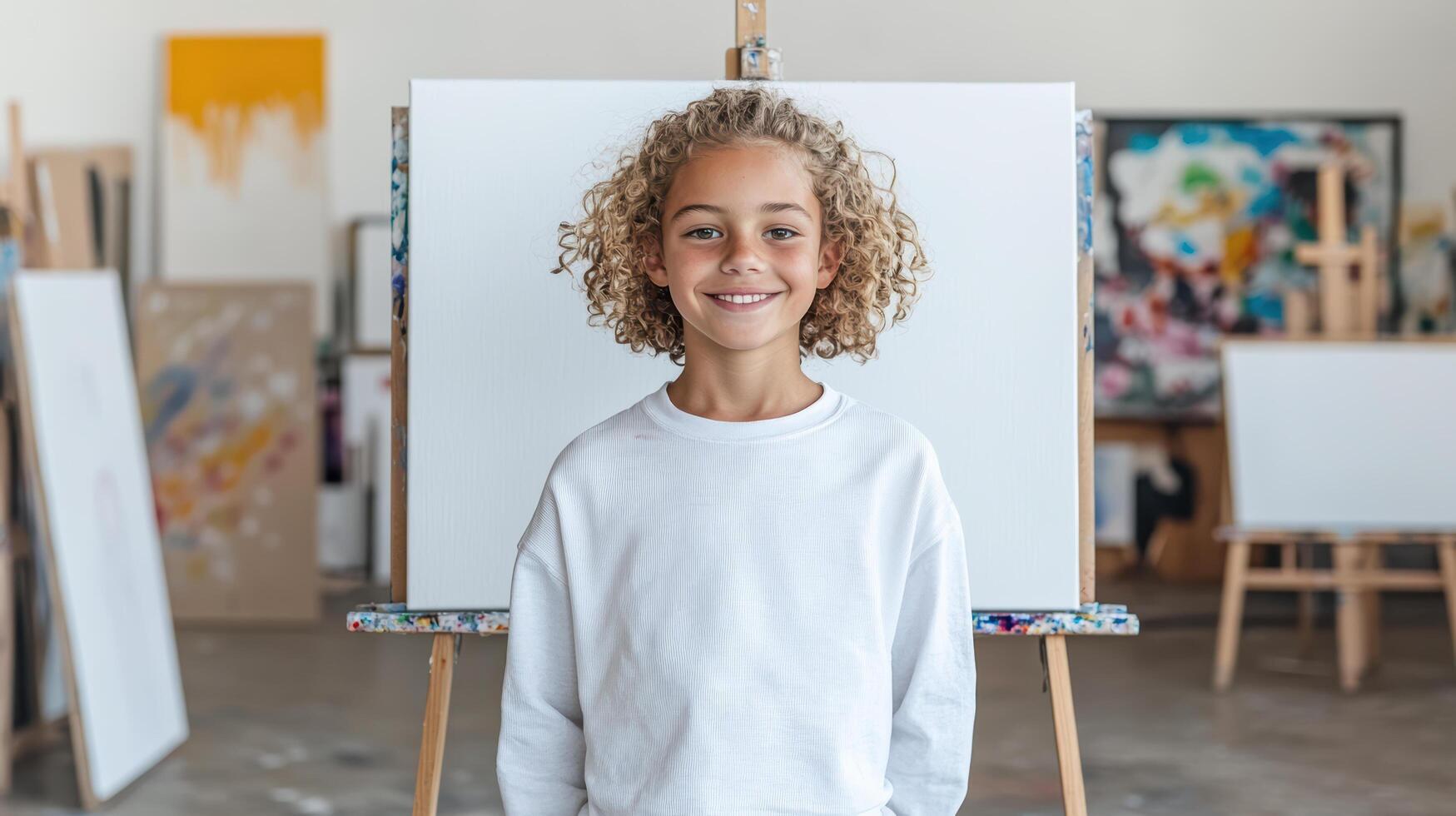 young artist smiles confidently in front of blank canvas, ready to create photo