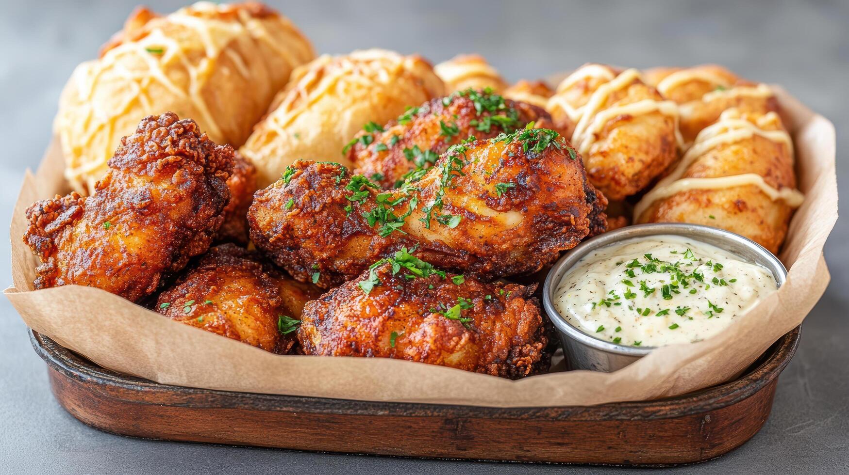Crispy fried chicken wings served with savory dipping sauce and golden pastries create photo