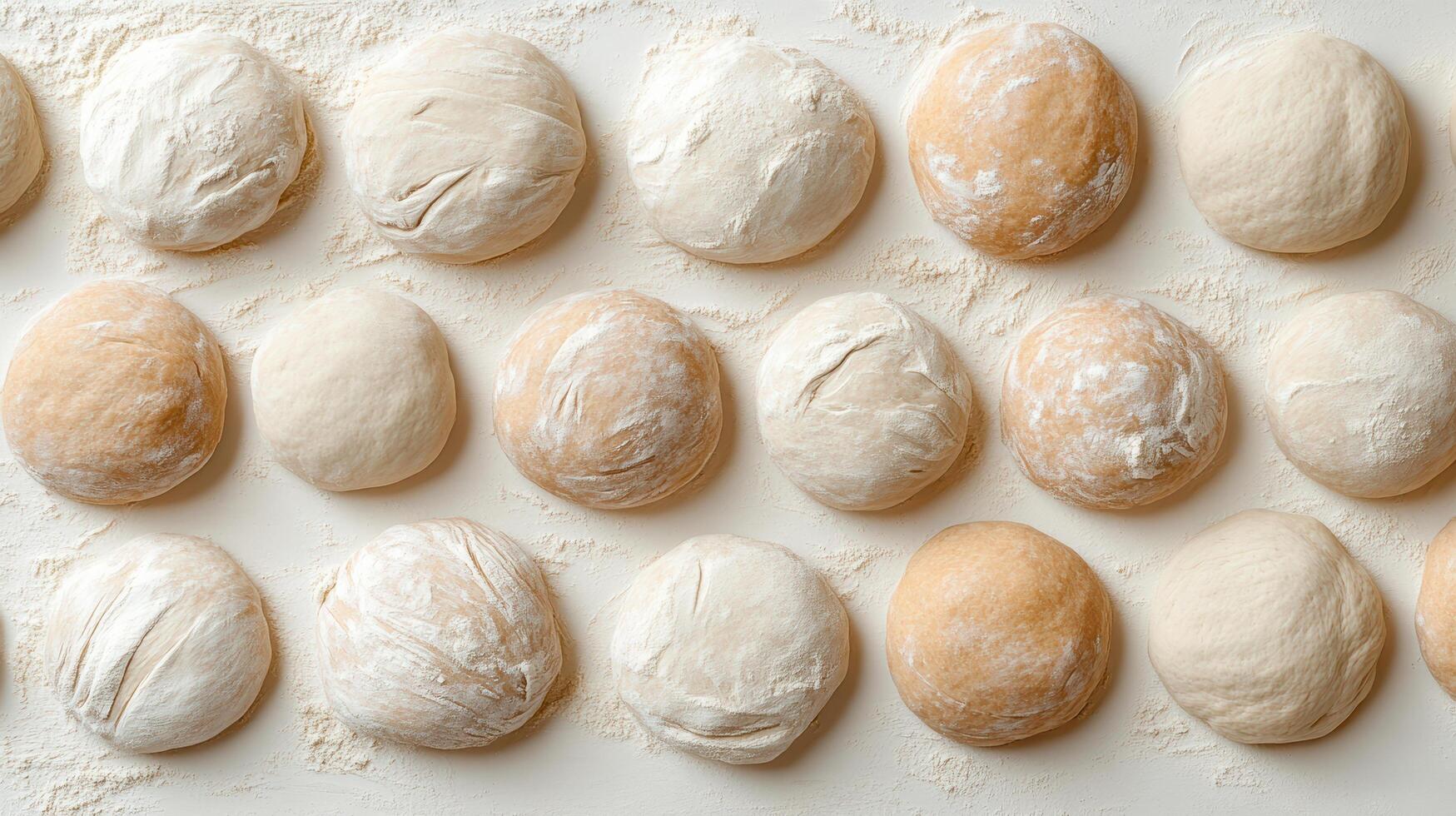 Neatly arranged dough balls on floured surface, showcasing variety of textures and colors photo