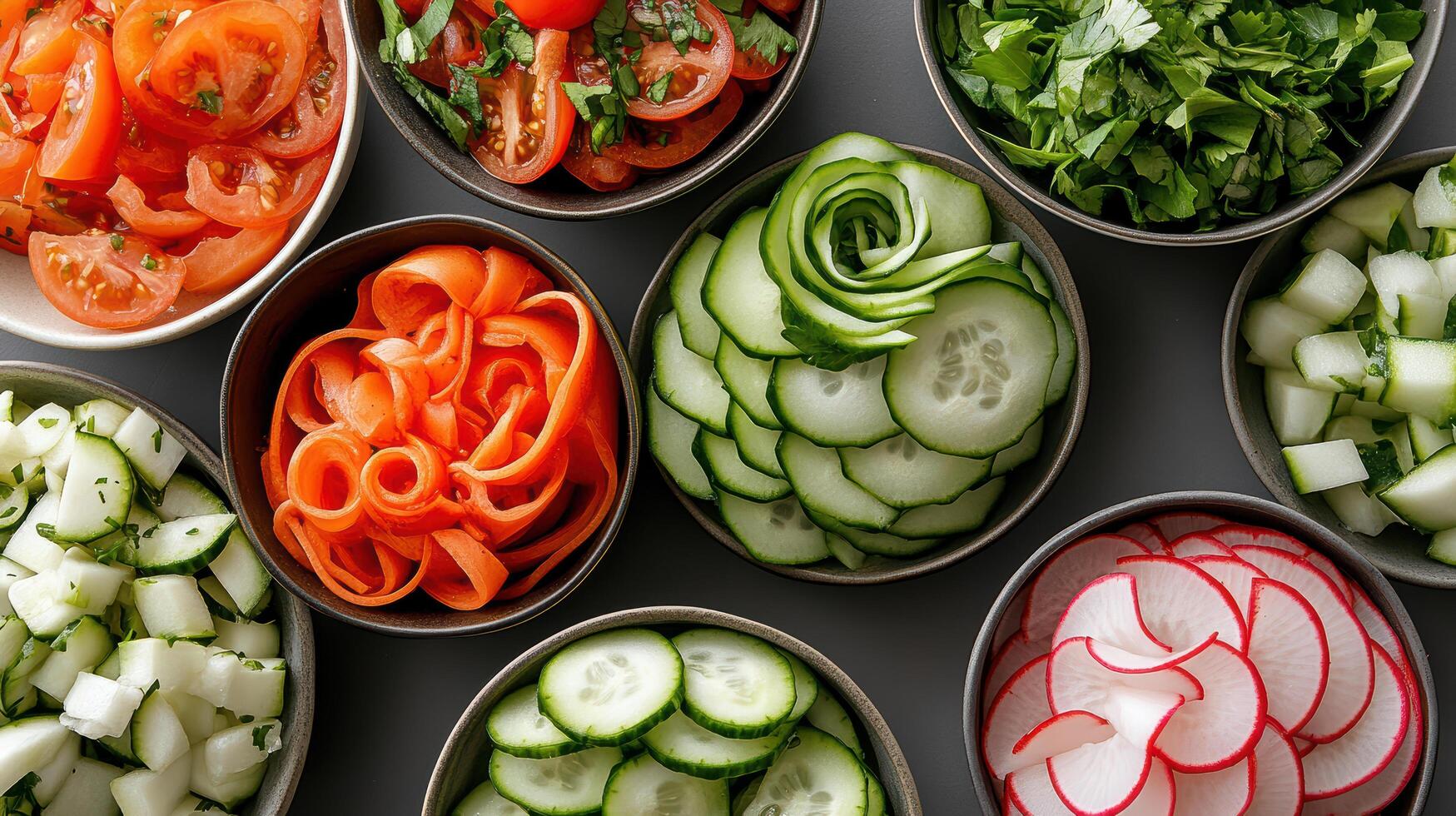 Fresh vegetables arranged bowls, including tomatoes, cucumbers, and herbs, create vibrant photo