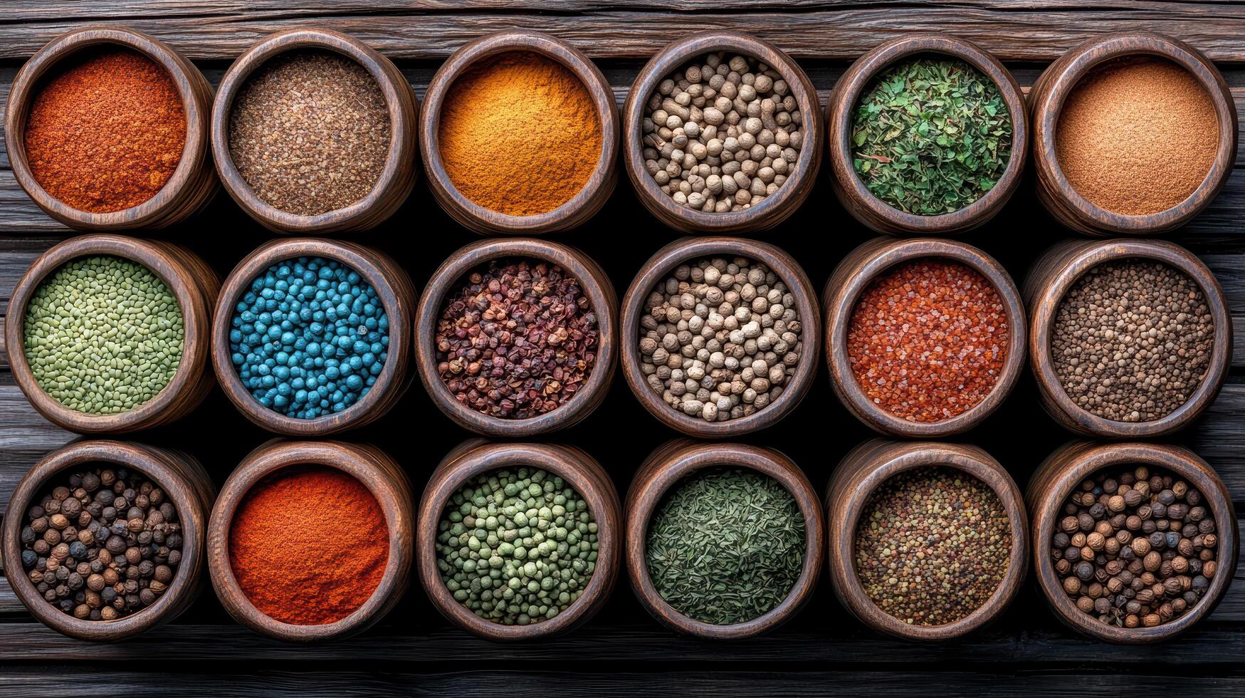 vibrant display of spices wooden bowls, showcasing variety of colors and textures. arrangement photo