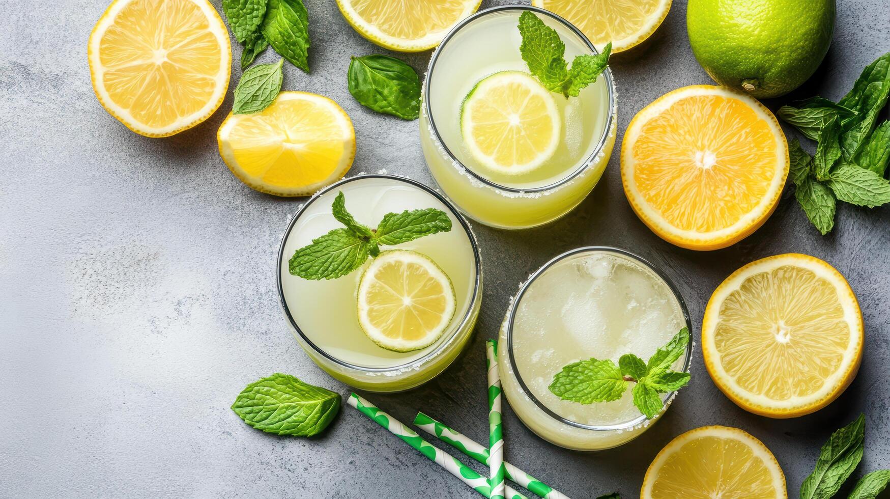Refreshing lemon drinks with mint leaves and fresh lemons create vibrant scene photo