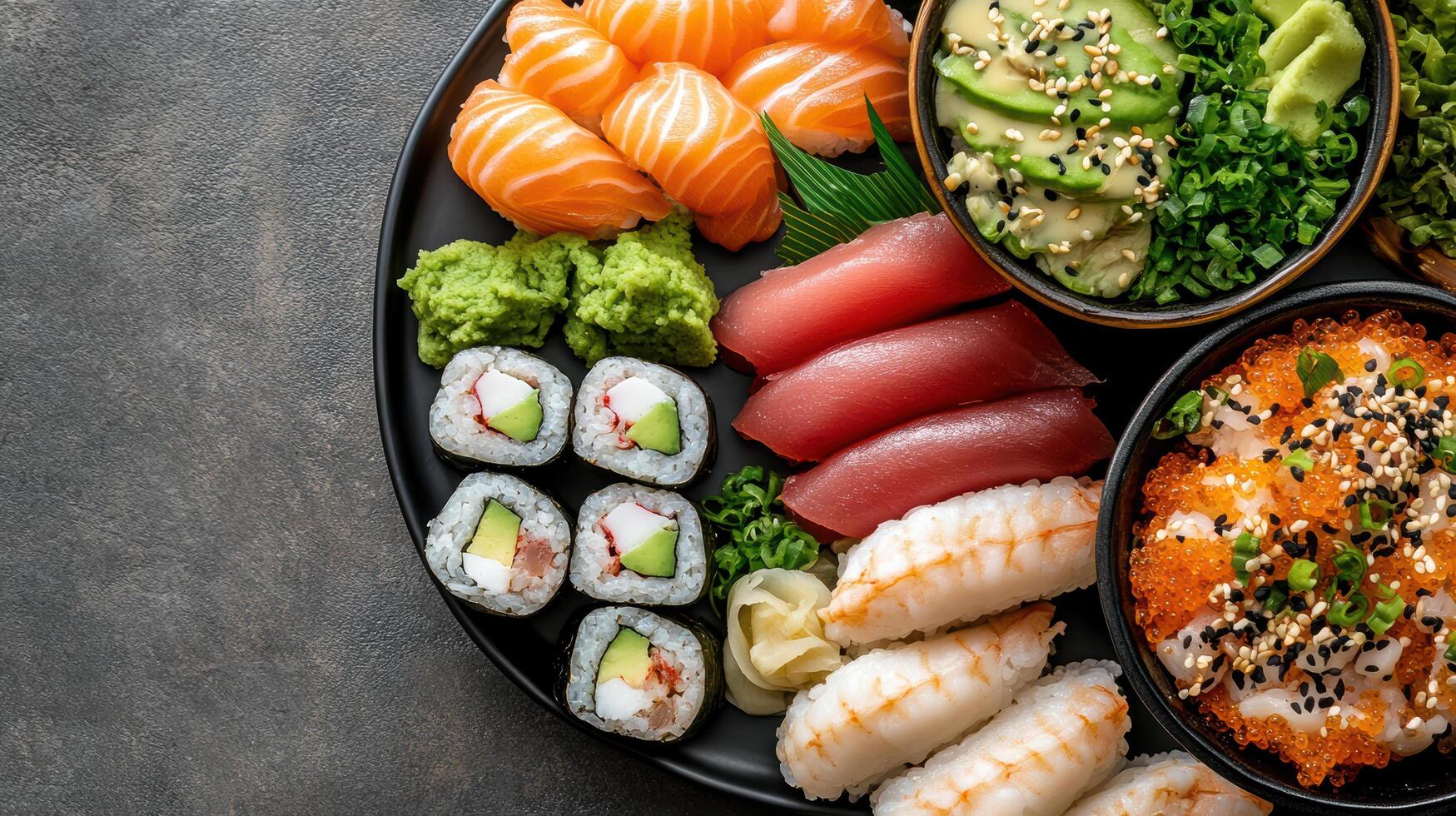 vibrant sushi spread featuring various types of sushi, including salmon, tuna, and avocado rolls photo