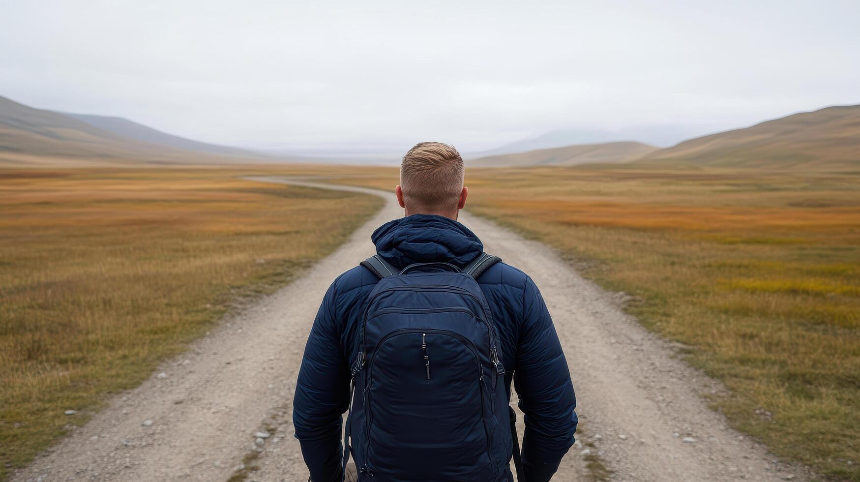 traveler stands at crossroads in remote countryside, contemplating journey ahead photo