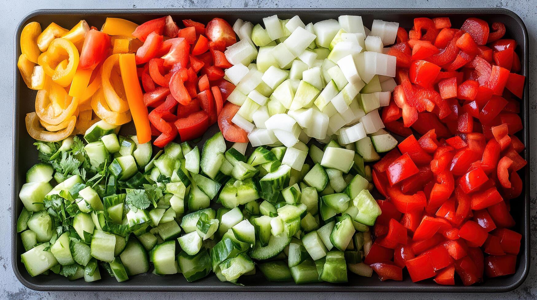 Freshly cut vegetables arranged in vibrant colors, showcasing healthy and appetizing display photo