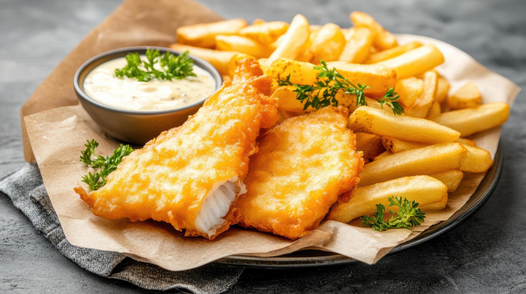 Crispy fish fillets served with golden fries and side of creamy sauce create delightful meal photo