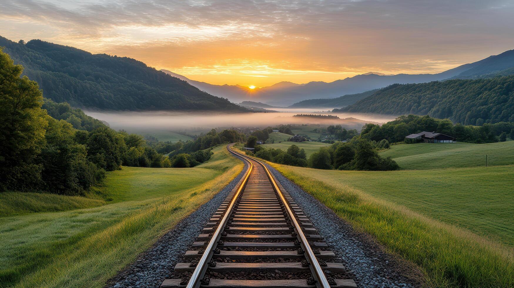 scenic view of train tracks winding through lush green hills sunrise, with mist hovering over photo