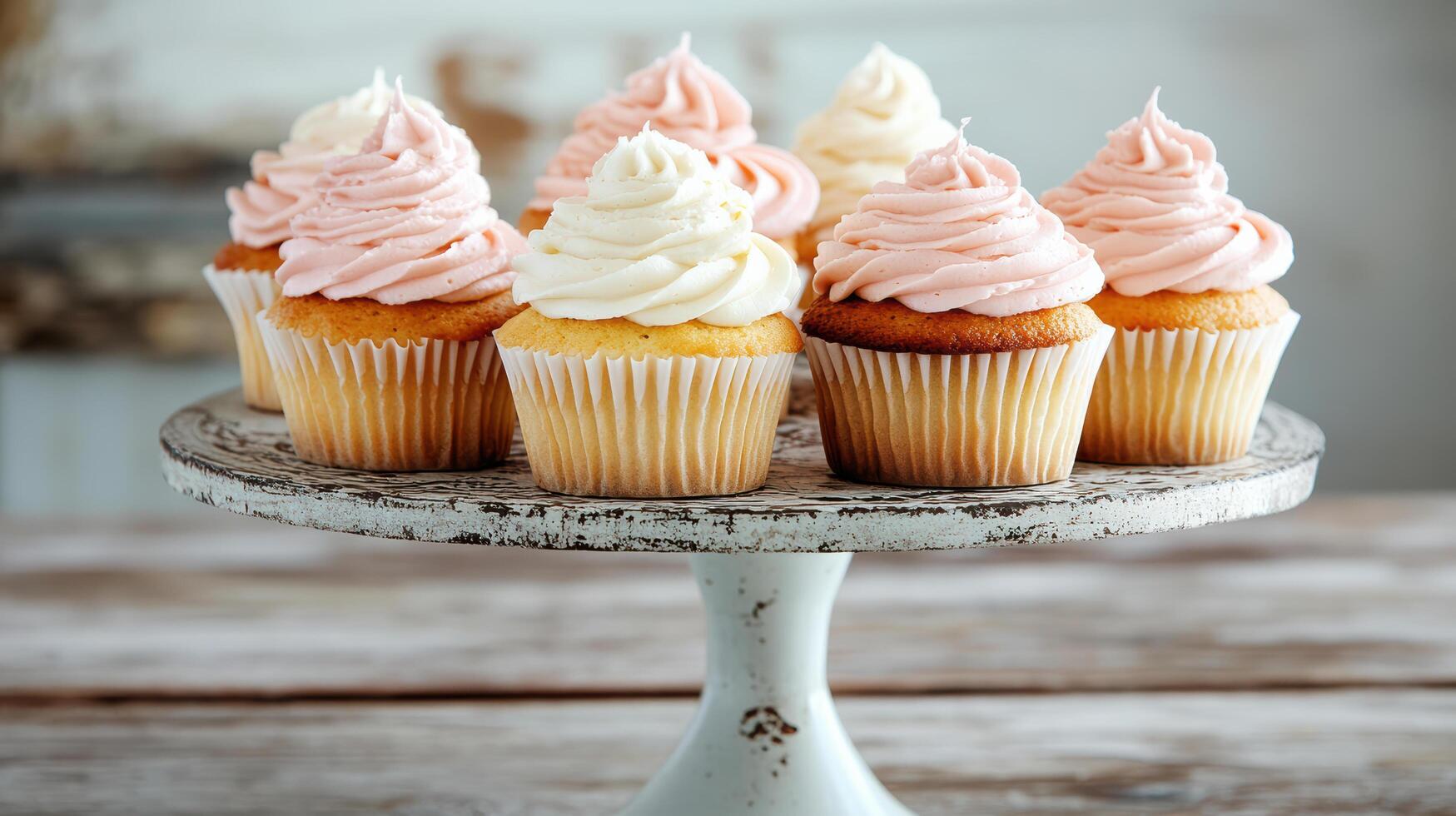 Delicious vanilla cupcakes topped with soft pink and white frosting, beautifully displayed photo