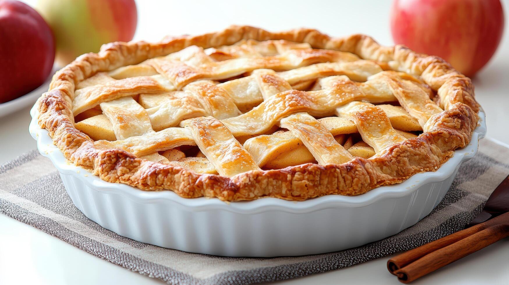 Freshly baked apple pie with golden crust, surrounded by apples, evokes warmth and comfort photo