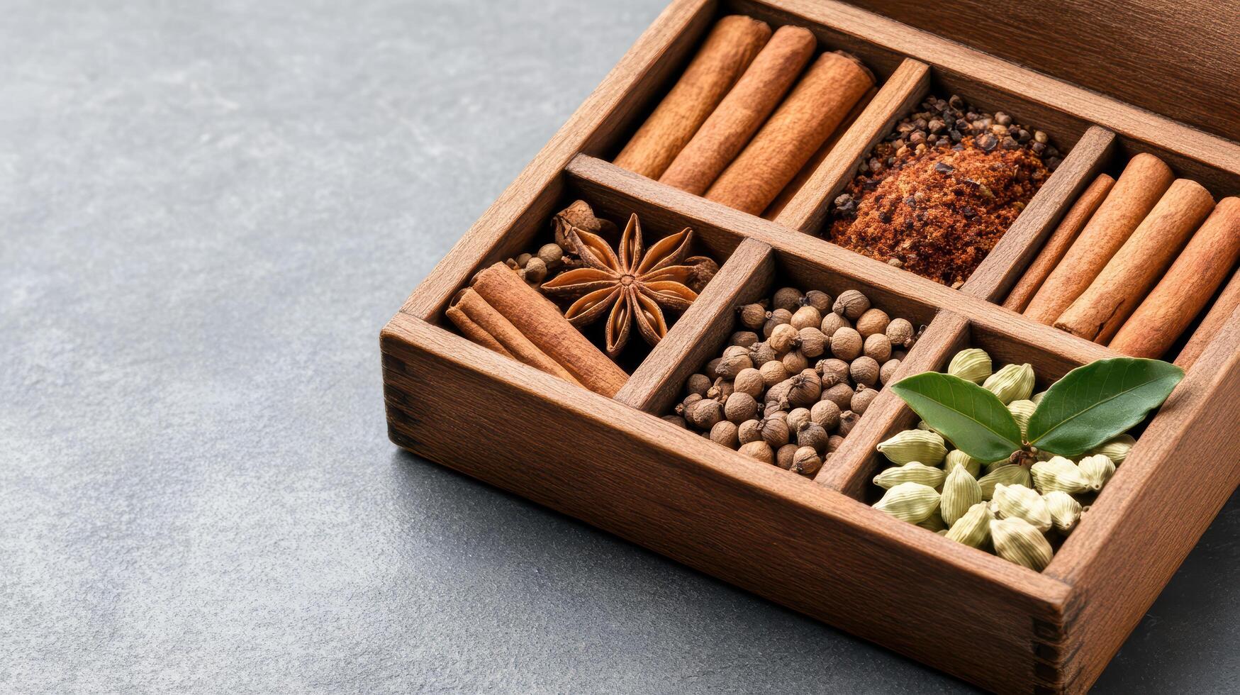 vintage spice box opened to reveal various compartments filled with aromatic spices photo