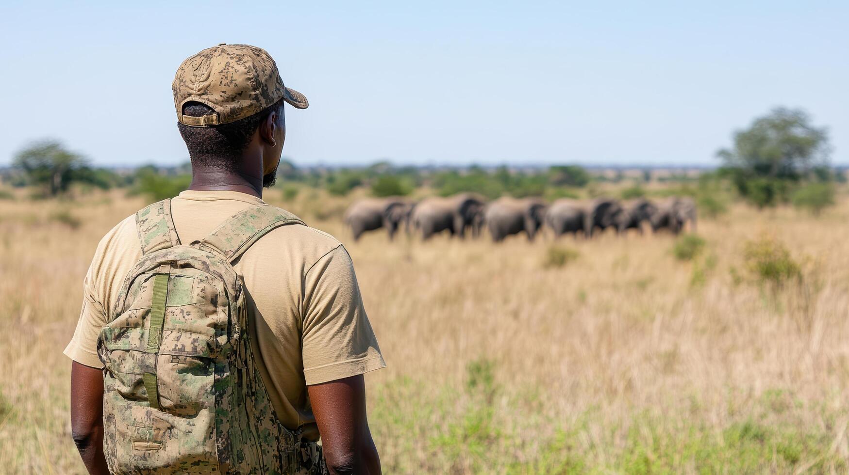 wildlife ranger observing herd of elephants in vast grassland, showcasing beauty of nature photo