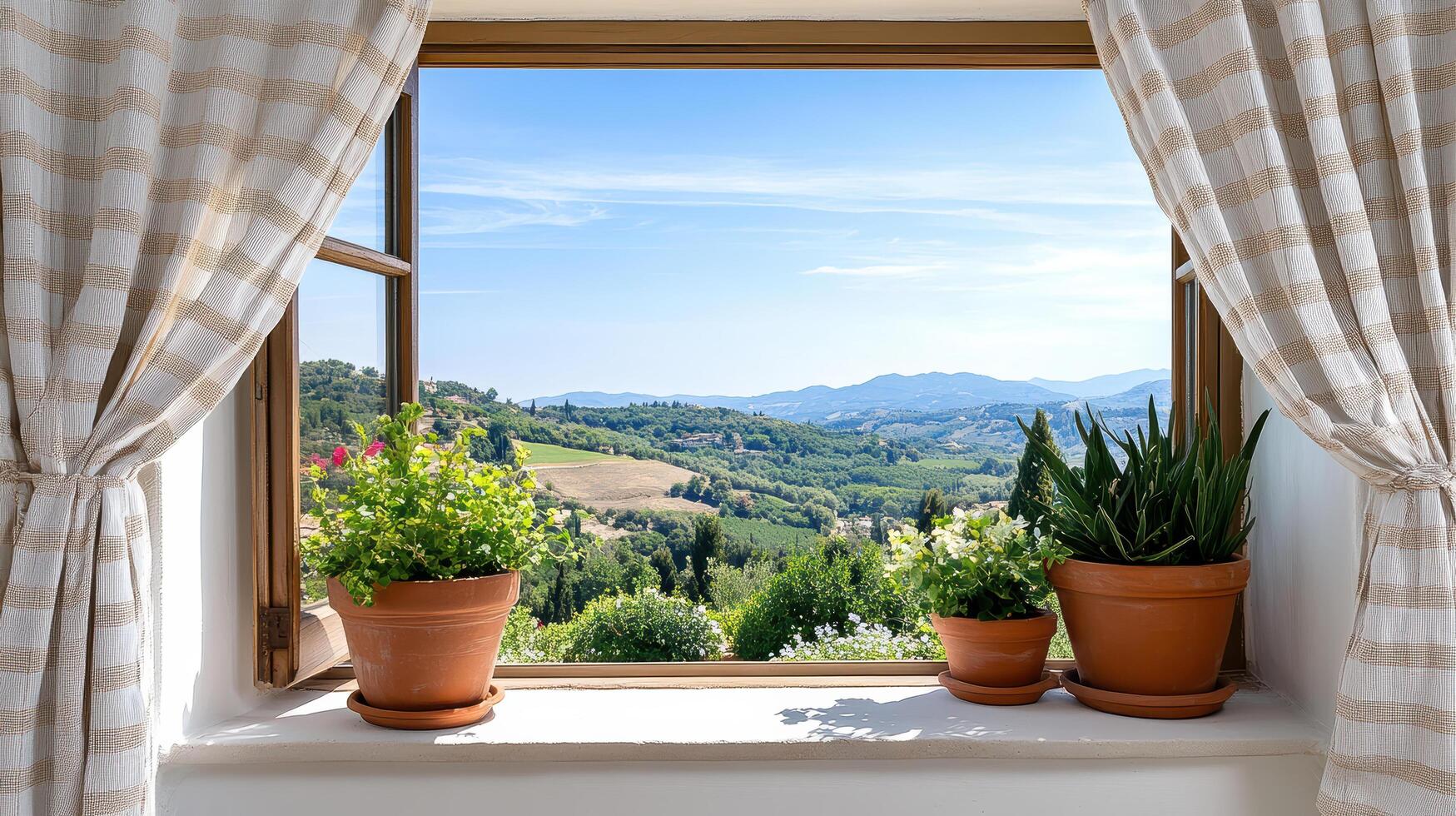 scenic view from window framed by checkered curtains, showcasing lush greenery and rolling hills photo