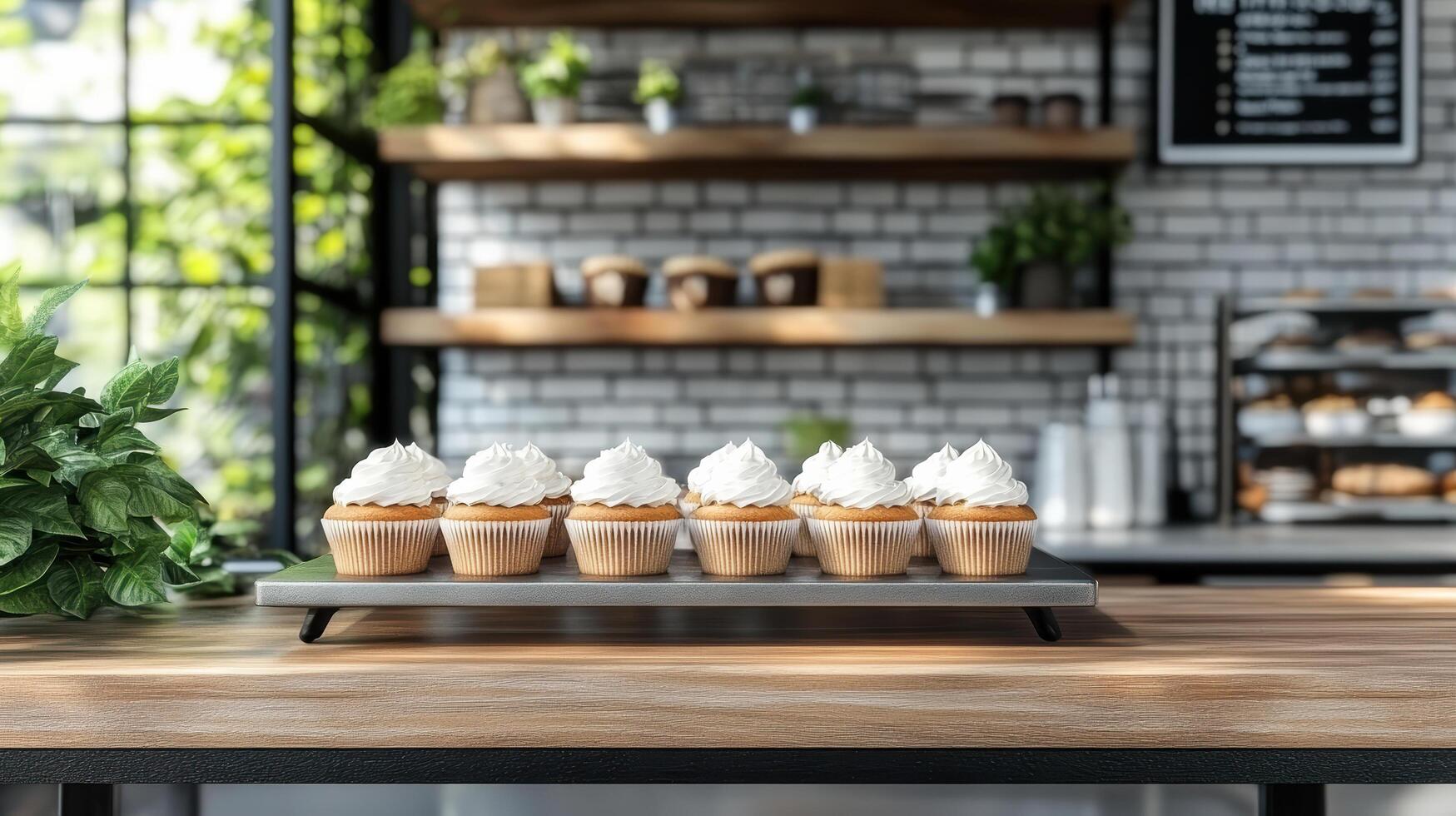 Freshly made cupcakes displayed on tray in cozy cafe, surrounded by greenery and warm decor photo