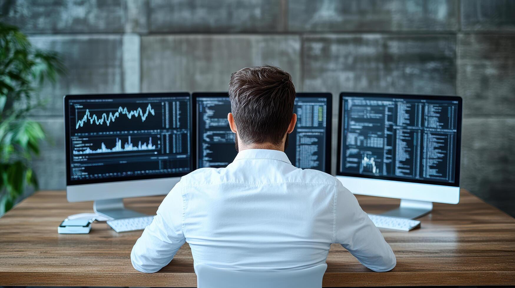 data scientist analyzing big data on multiple screens, focused on analytics and insights photo