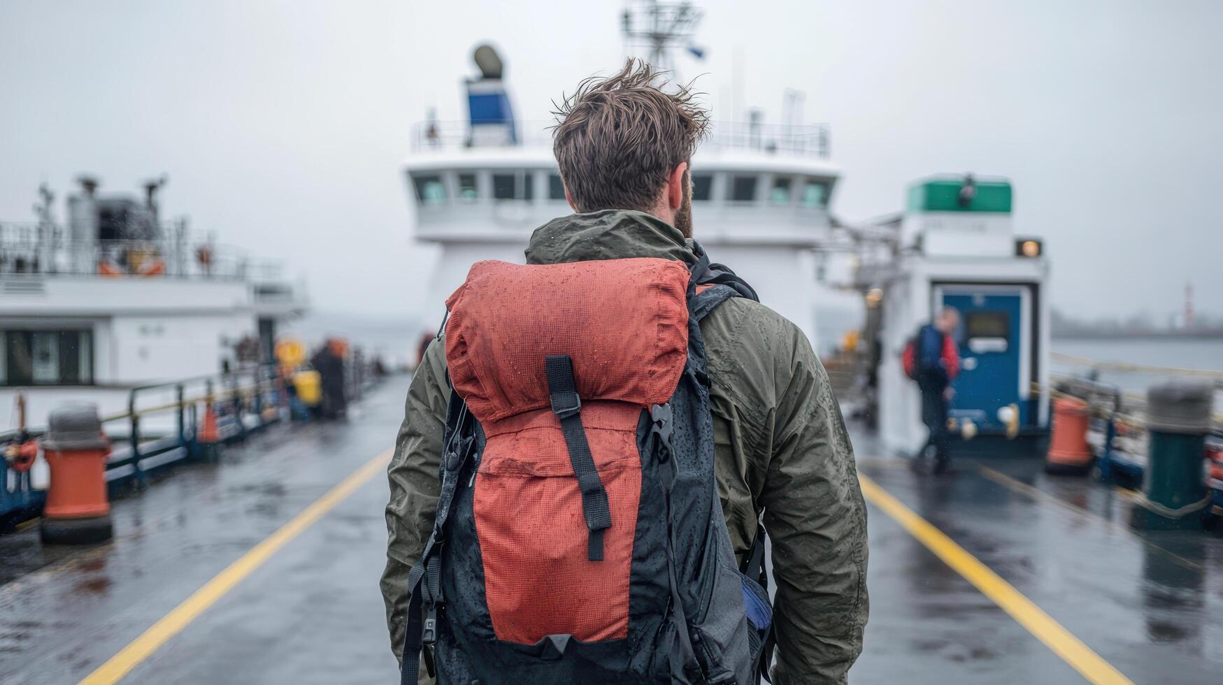 traveler with backpack approaches ferry on rainy day, ready for adventure photo