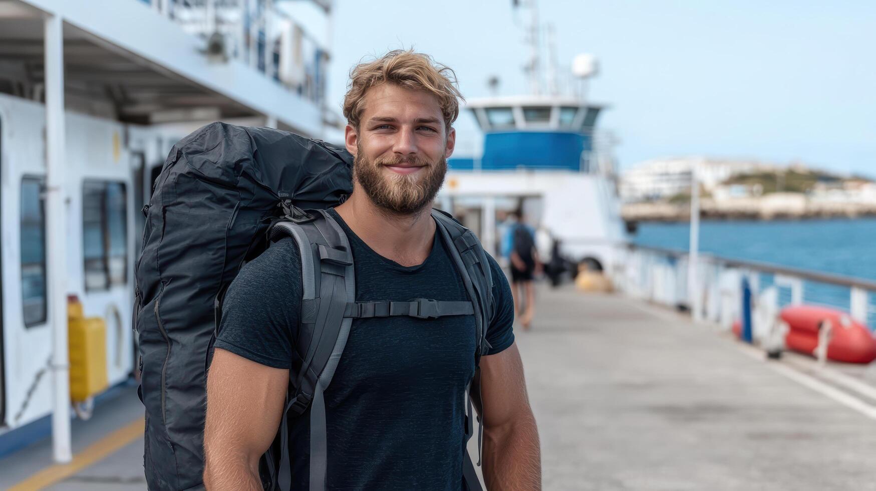 young man with backpack smiles confidently at ferry terminal, ready for adventure photo