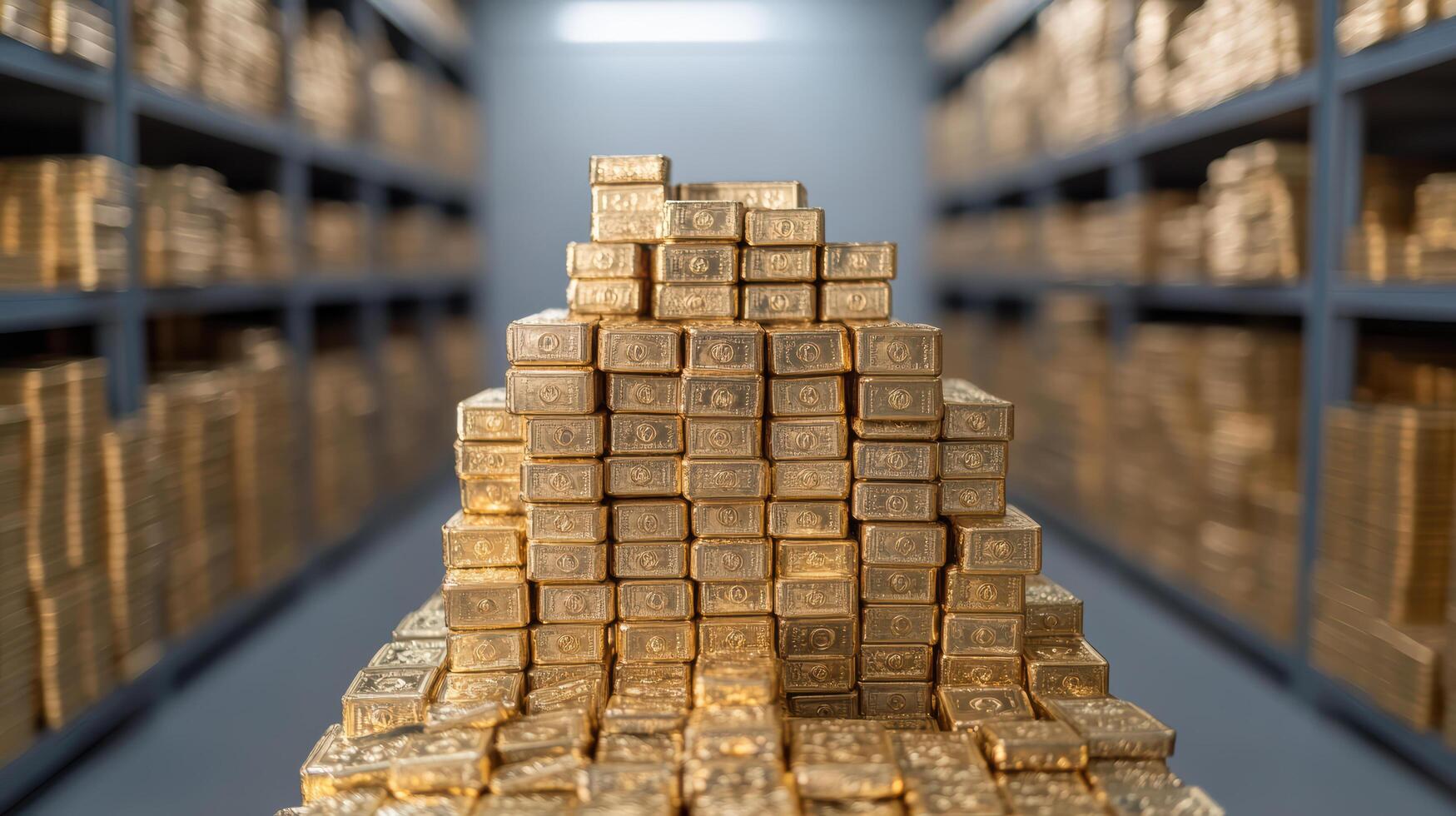 bank security vault filled with neatly stacked gold bars, showcasing wealth and security photo