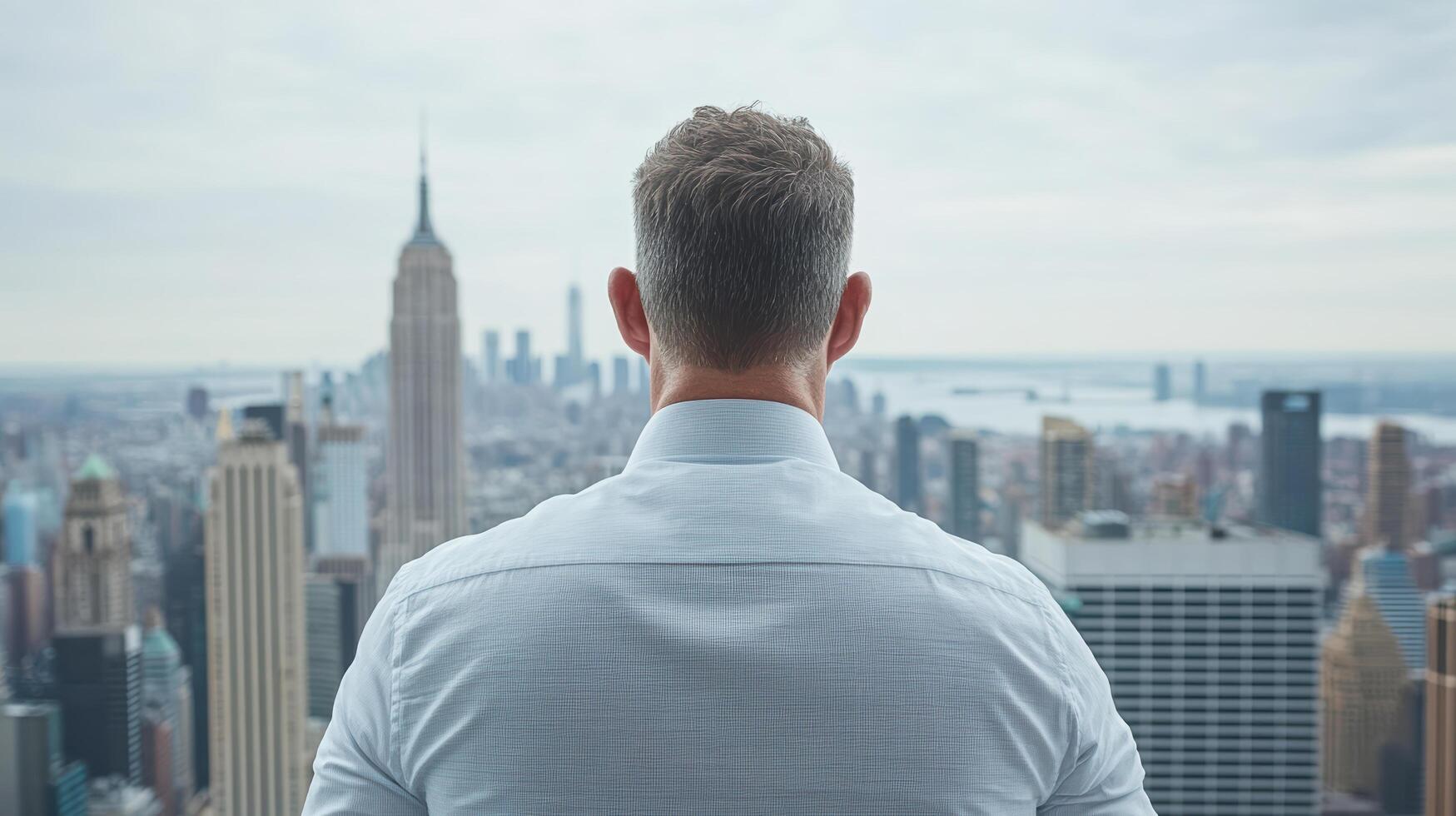professional overlooking vibrant city skyline, reflecting on opportunities and challenges photo