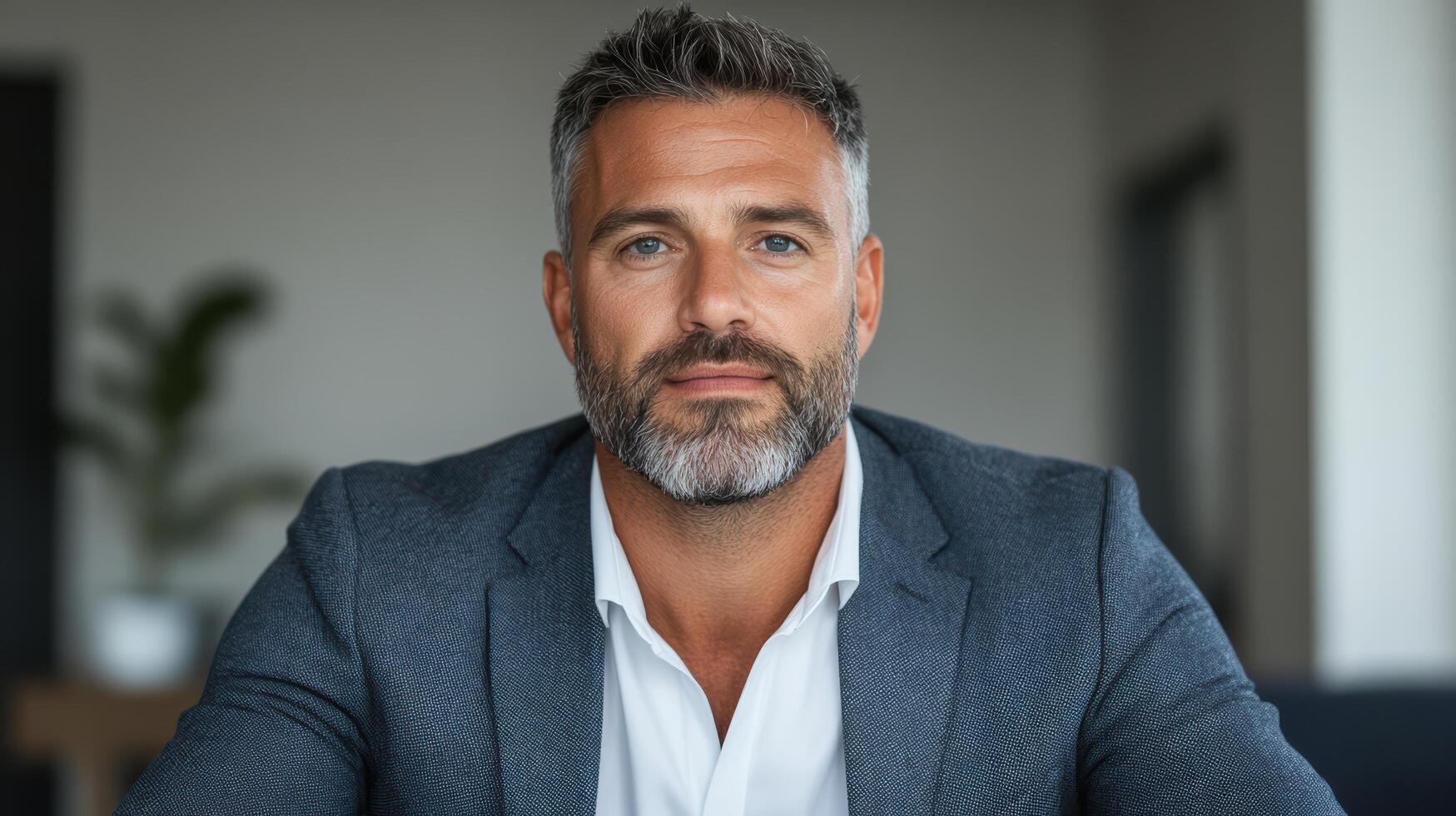 Confident businessman with beard modern office setting, exuding professionalism and leadership photo