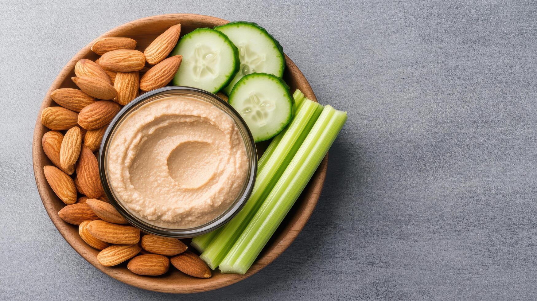 Creamy hummus served with fresh cucumber slices, celery sticks, and crunchy almonds creates photo