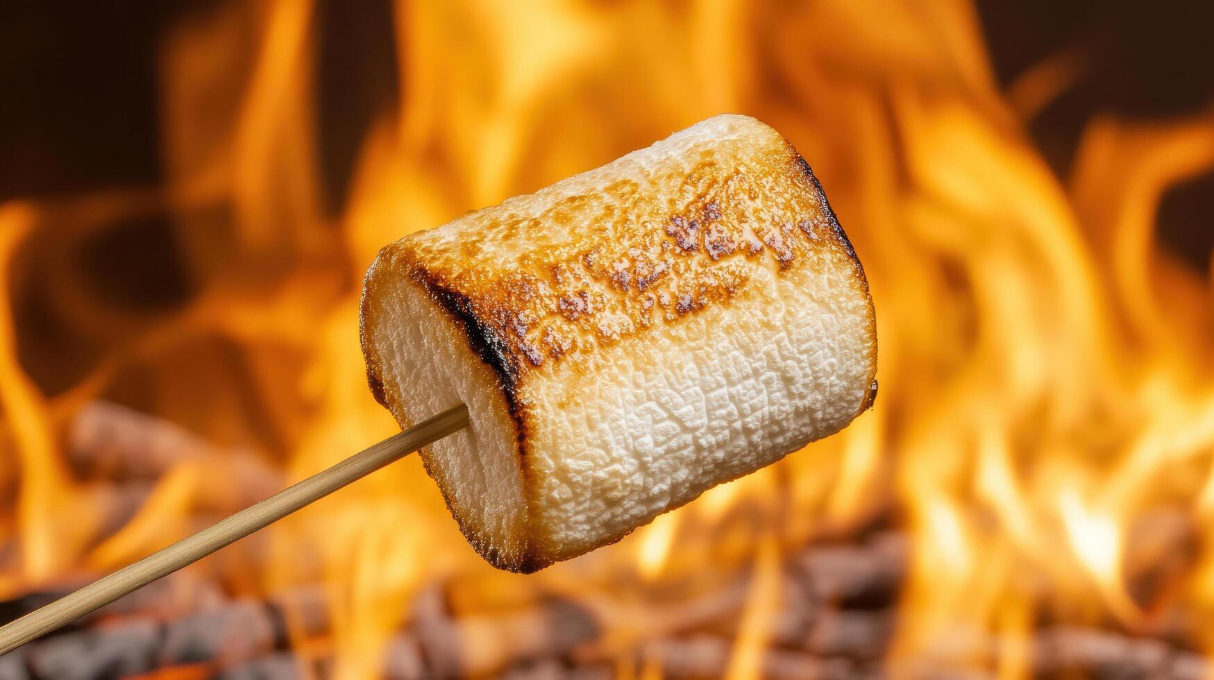 toasted marshmallow on stick, glowing against warm fire background, evokes cozy atmosphere photo