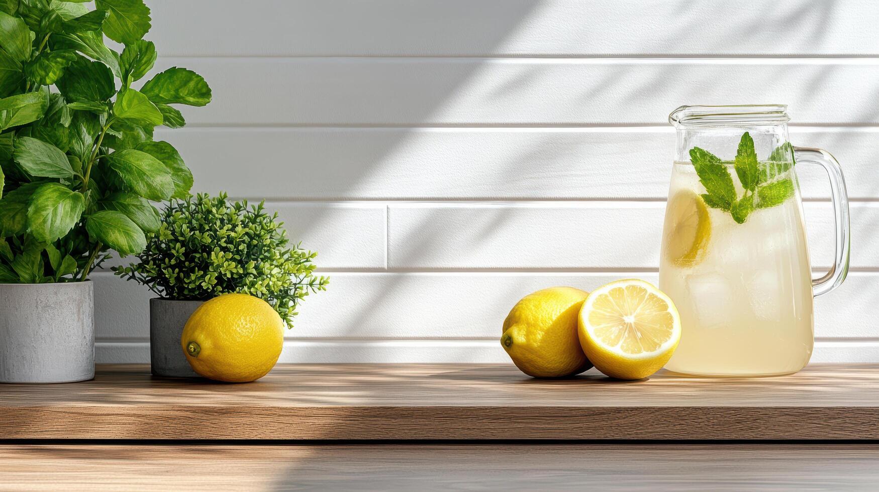 Refreshing lemonade with lemons and mint on wooden countertop photo