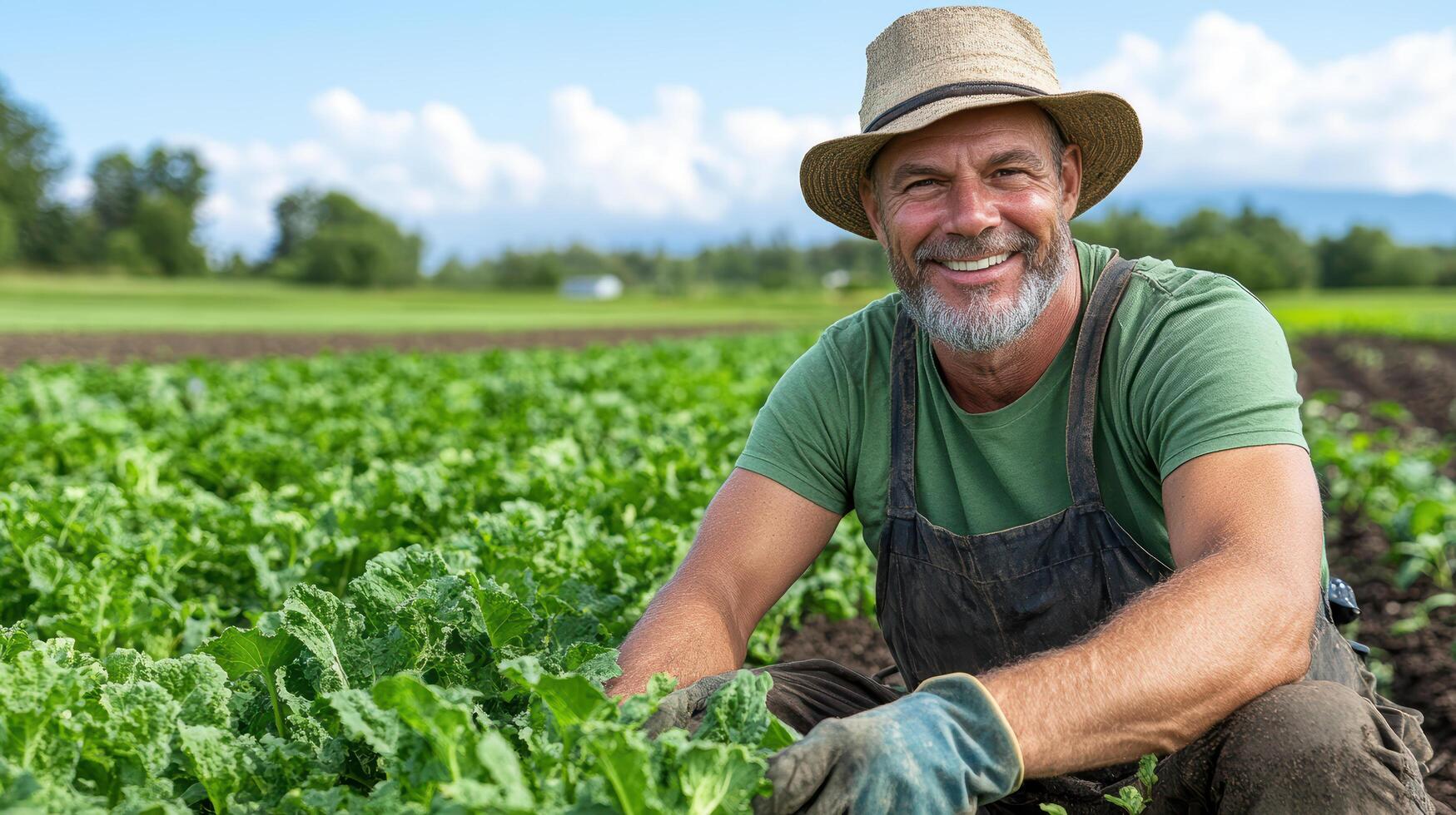 farmer smiles while tending to lush green lettuce vibrant field, showcasing hard work and photo