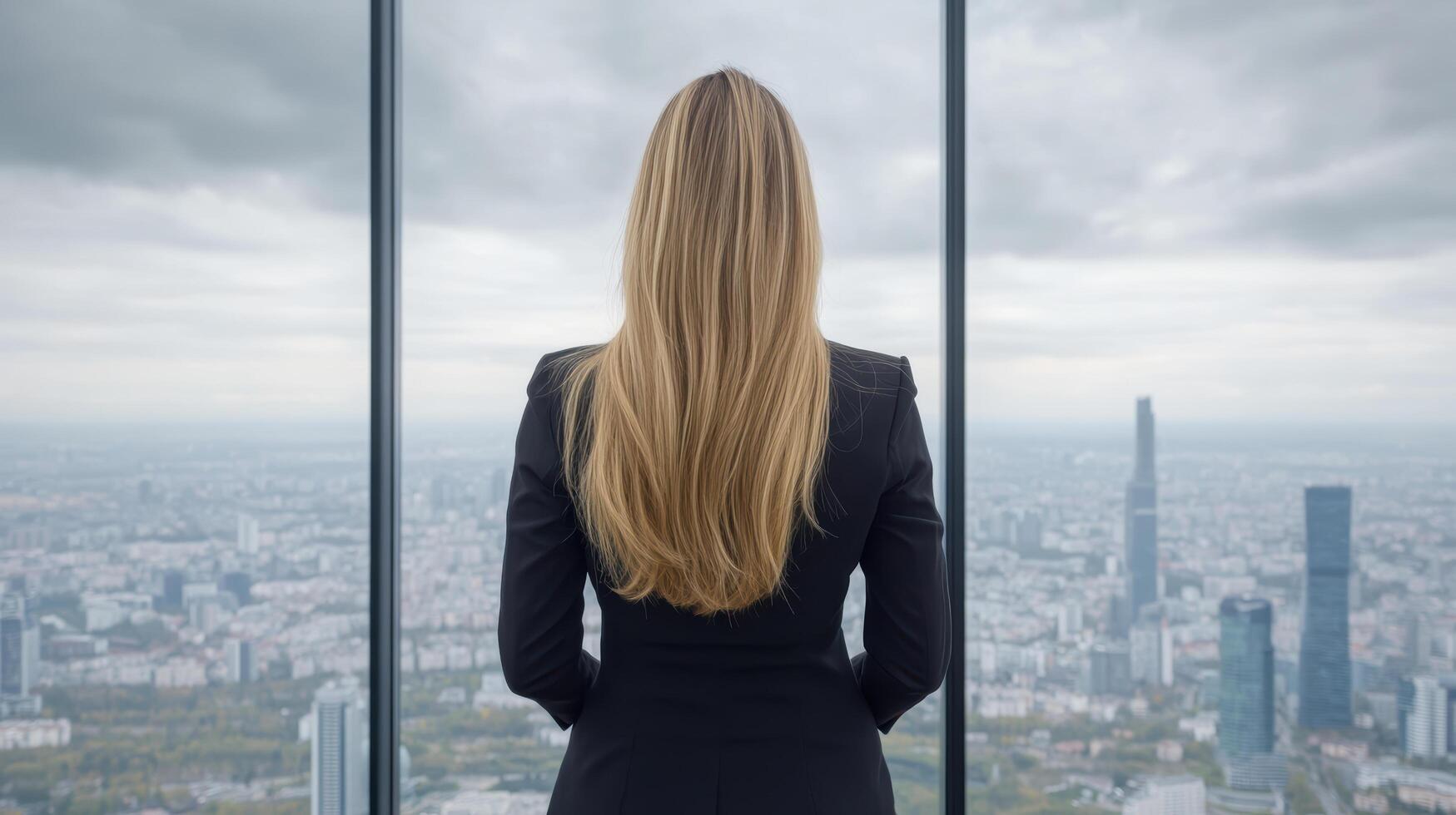 powerful businesswoman gazes out at city skyline from modern skyscraper, exuding confidence photo