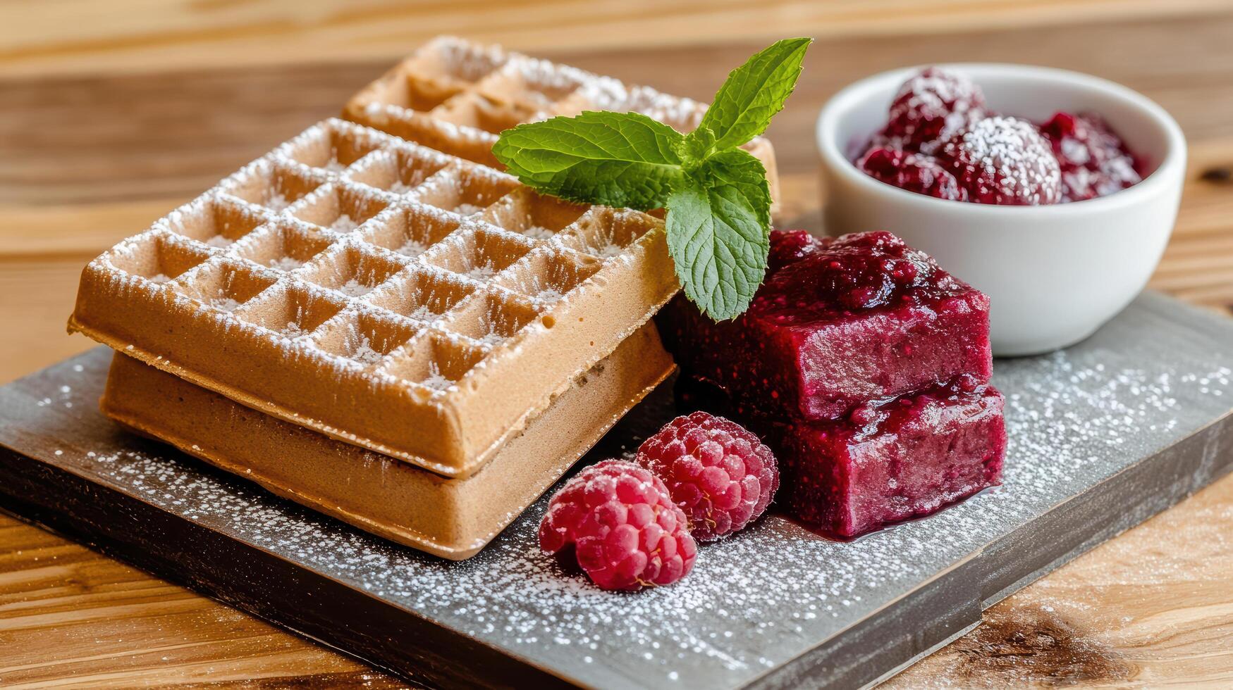 Delicious rustic Belgian waffles served with homemade berry compote and fresh raspberries photo