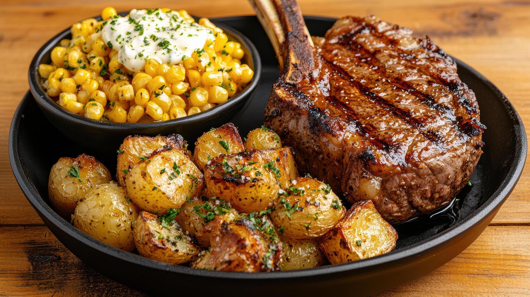 delicious rustic dinner featuring perfectly grilled tomahawk steak, roasted potatoes photo