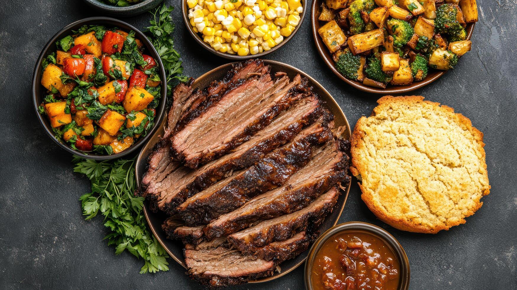 Savor delicious family style dinner featuring tender brisket, vibrant vegetables, and cornbread photo