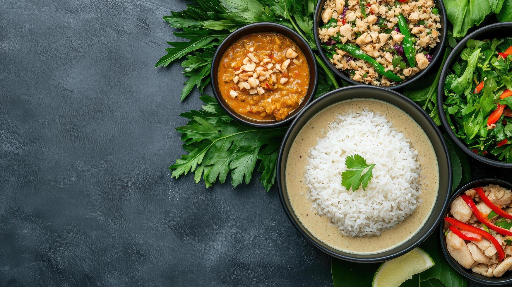 vibrant Thai dinner spread featuring rice, curry, and fresh vegetables, evoking sense of warmth photo