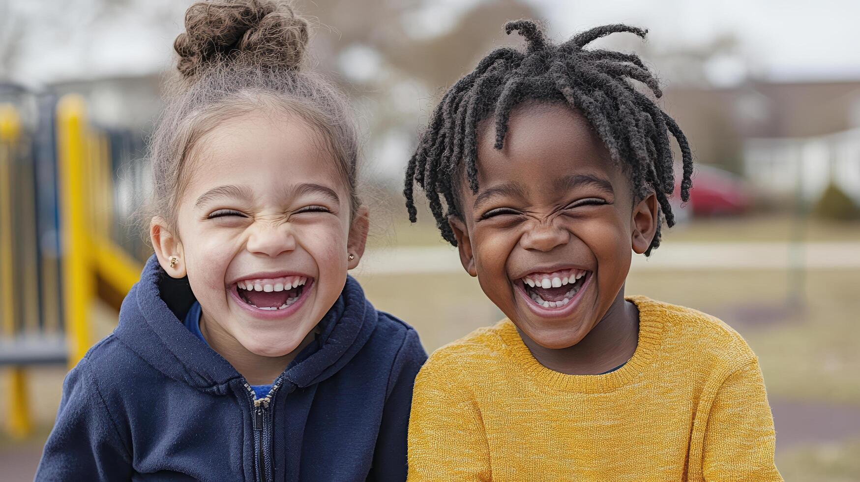 Happy children laughing together on playground, enjoying friendship and fun photo