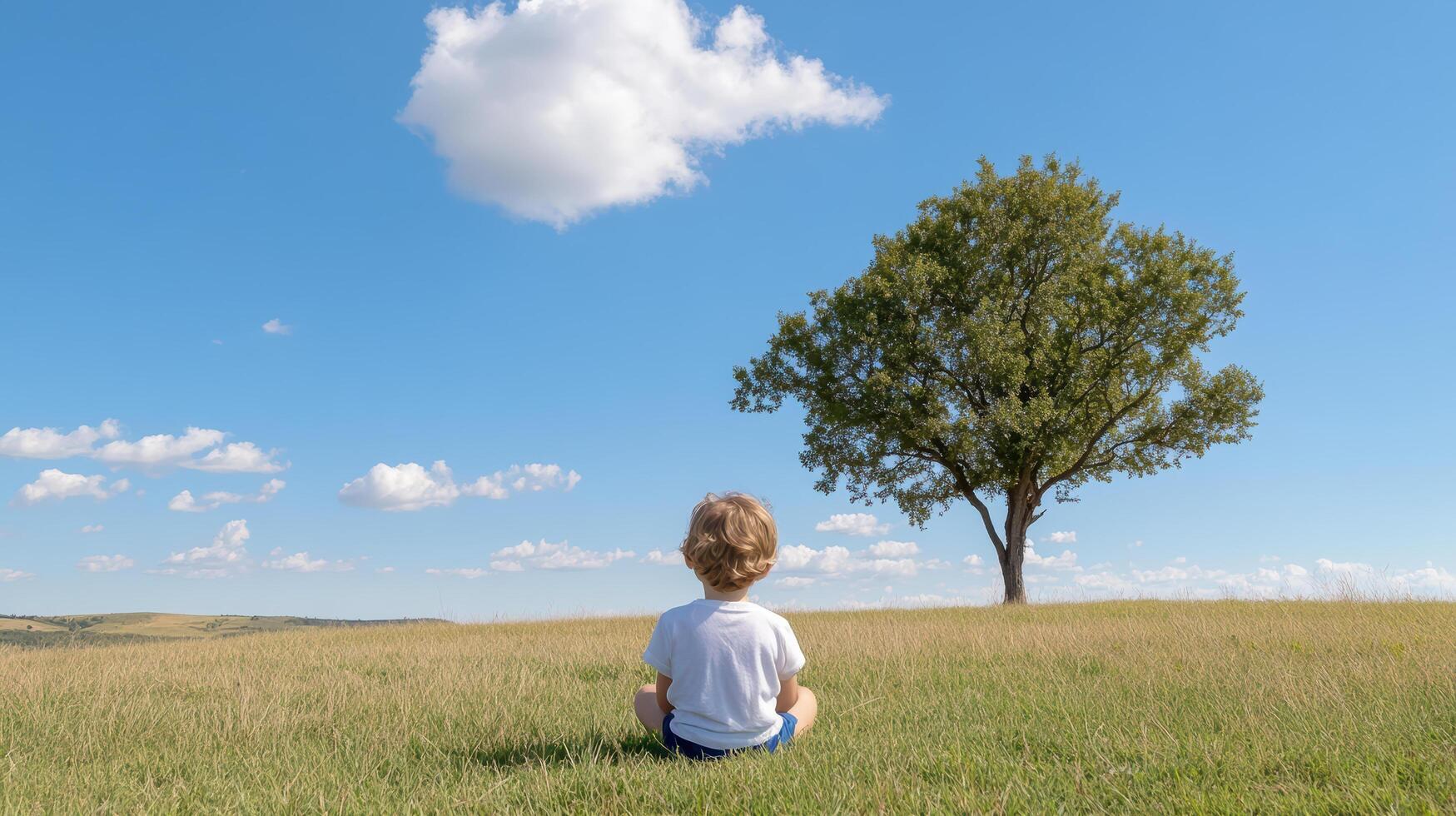 child sitting under tree, daydreaming in serene landscape with blue skies and fluffy clouds photo