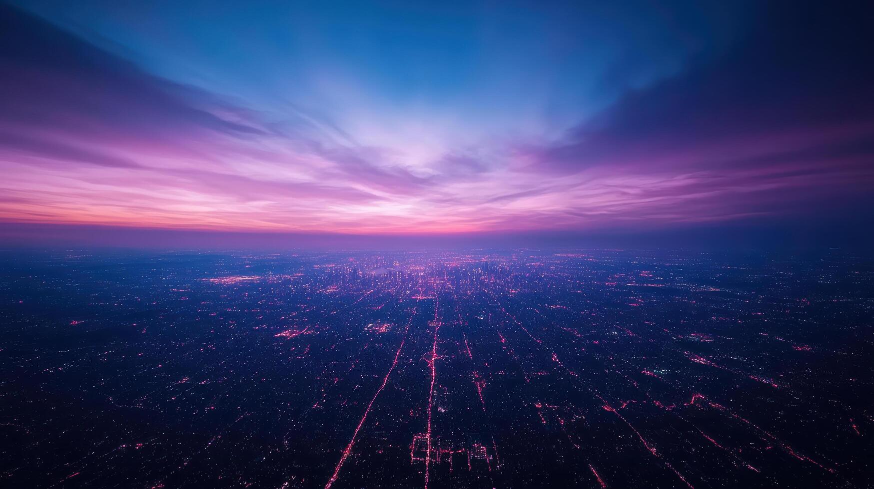 breathtaking city skyline at dusk, showcasing vibrant lights and colorful sky photo