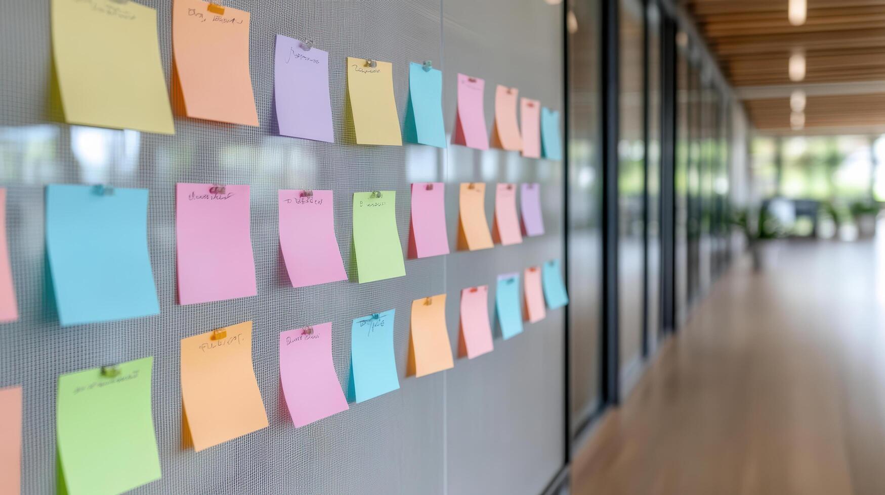 Colorful sticky notes arranged wall modern office space create engaging brainstorming photo